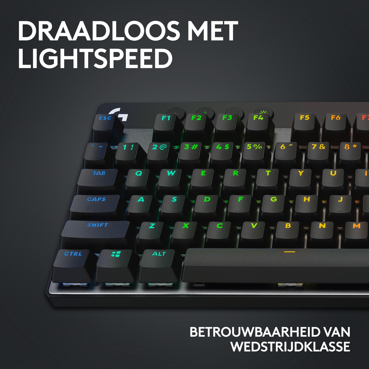A black mechanical keyboard with illuminated keys. The word DRAADLOOS is visible.