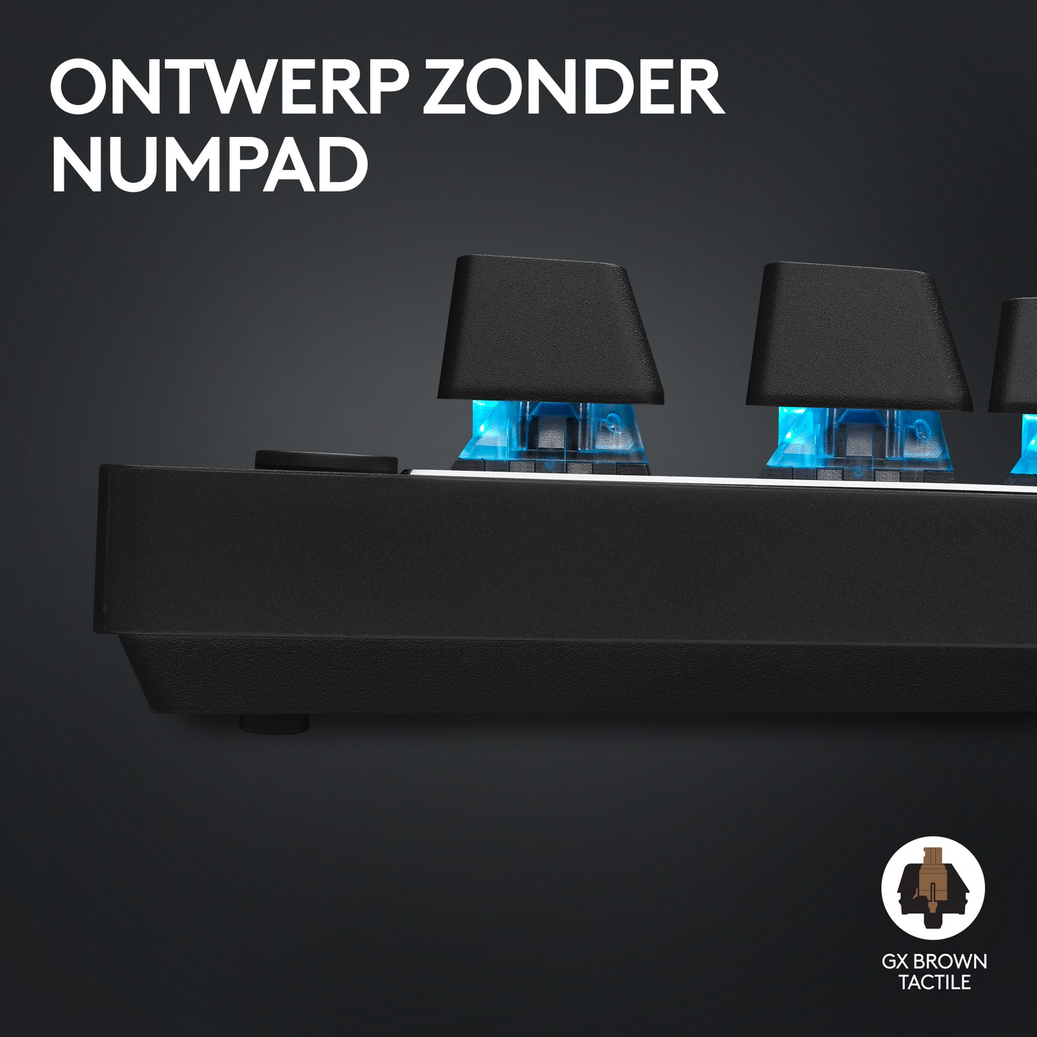 Close-up of a black mechanical keyboard. Blue backlight visible. Text: ONTWERP ZONDER NUMPAD, and a logo.