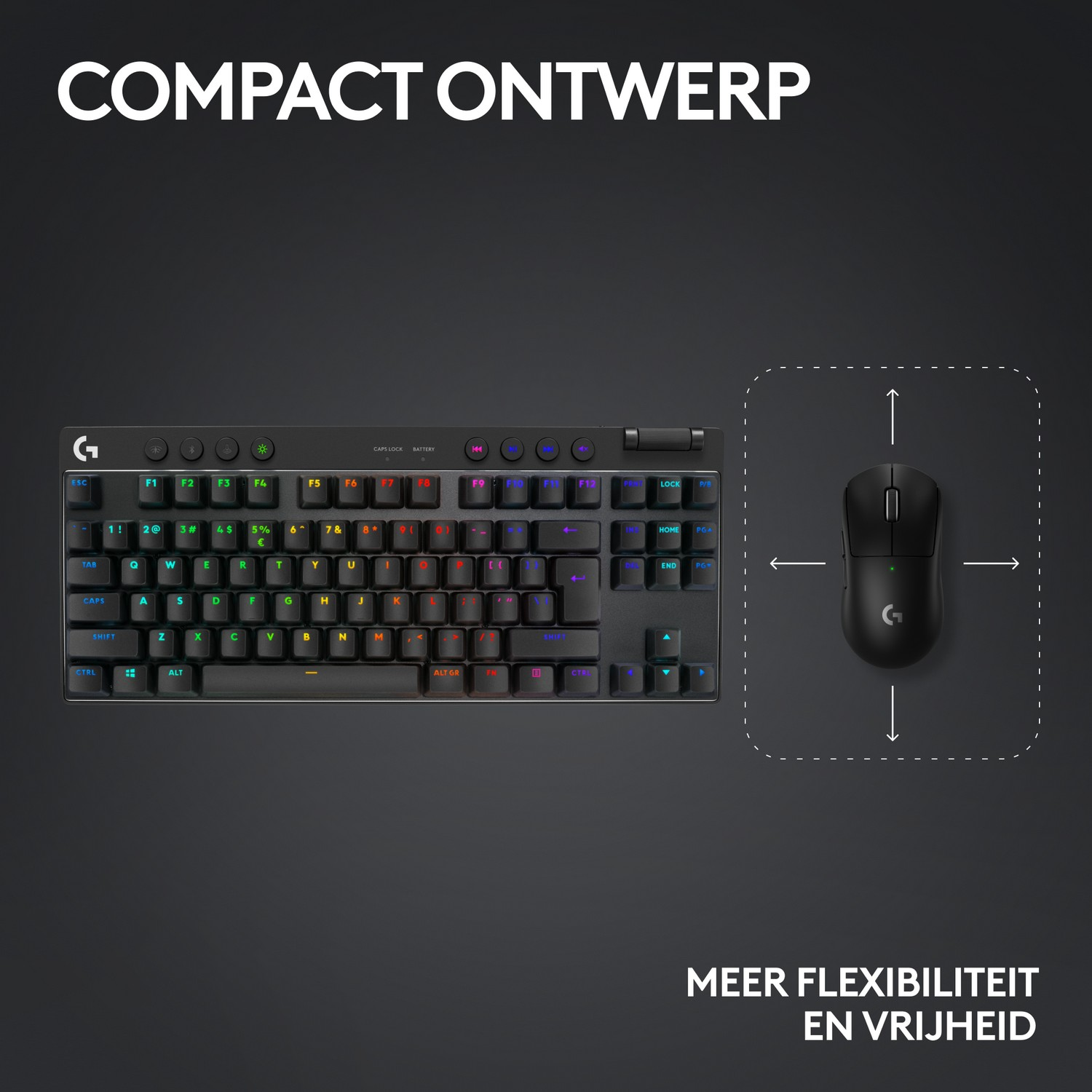 A black keyboard with rainbow-colored keys and a black mouse, labeled for compact design.