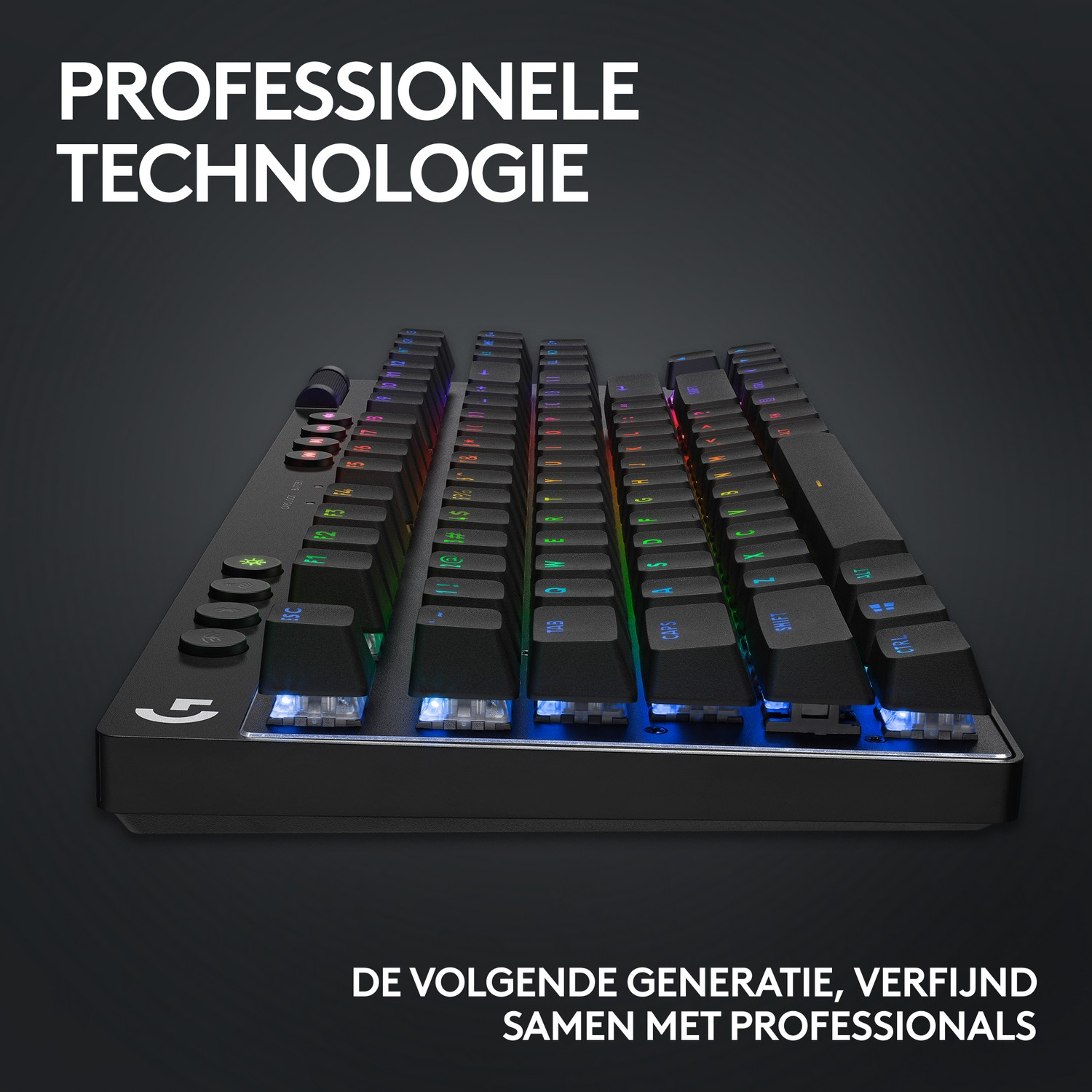 Black keyboard with colorful keys, text 'PROFESSIONELE TECHNOLOGIE', and text below.