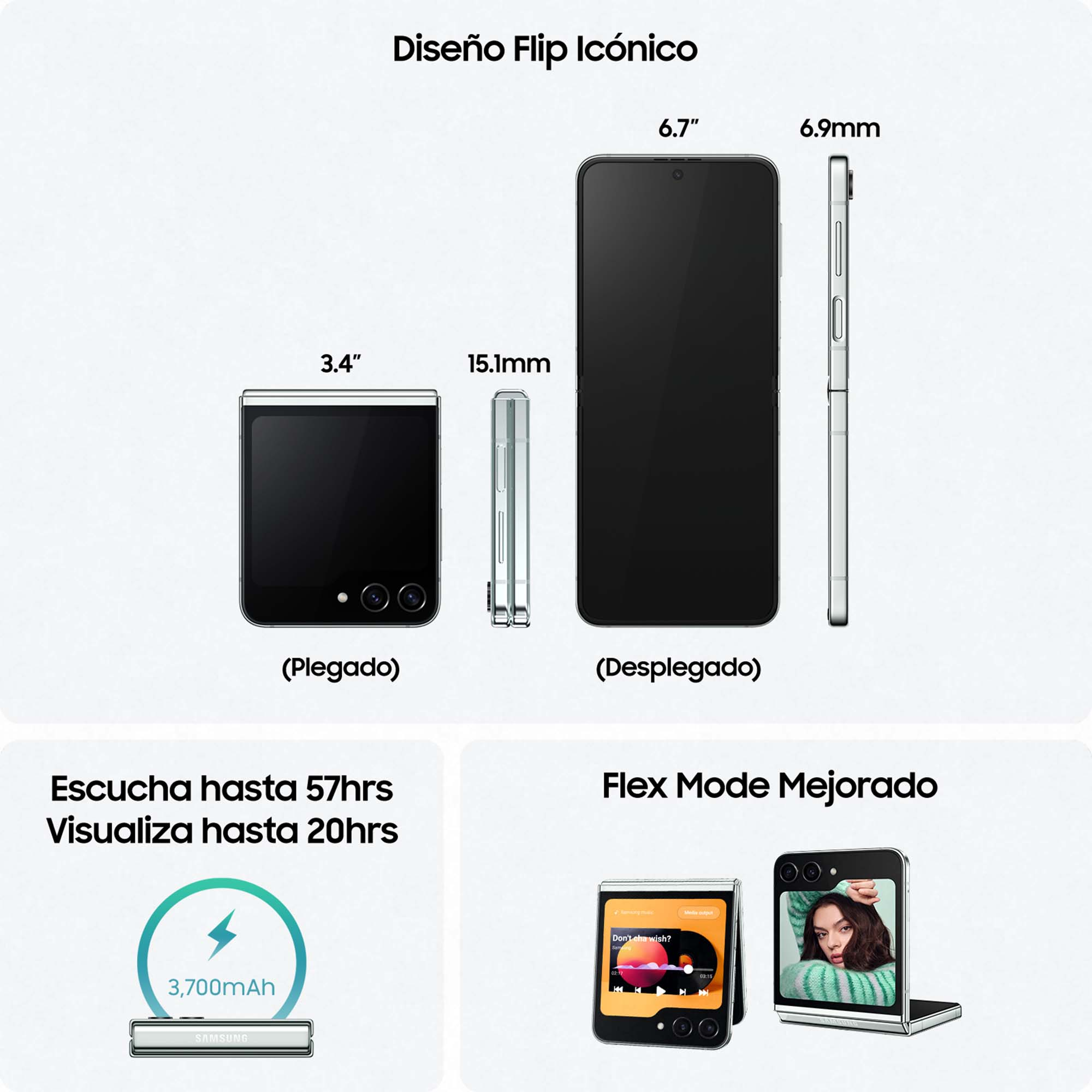 Smartphone plegable en dos posiciones mostrando dimensiones.