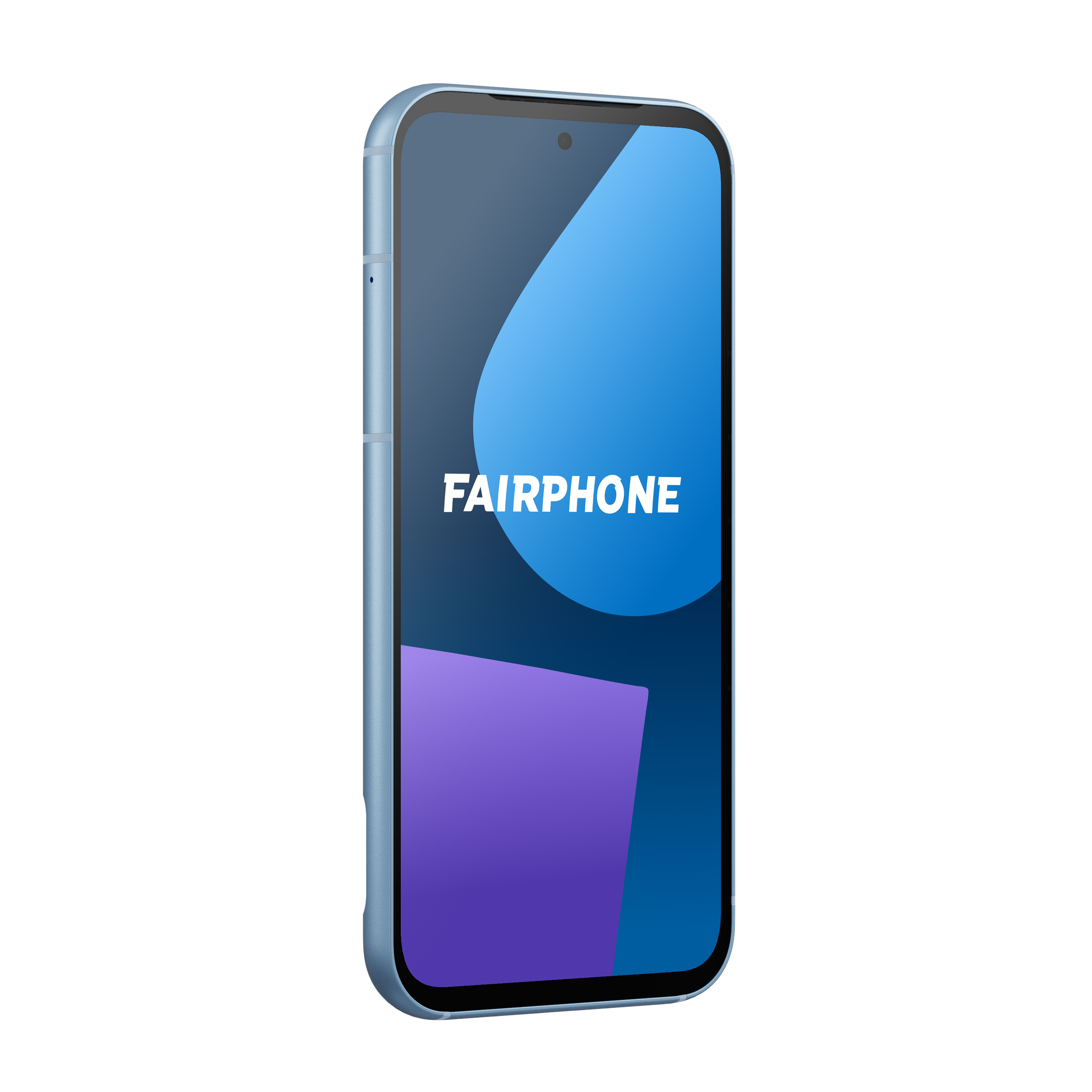 Ein hellblaues Fairphone-Smartphone, das eine blau-lila Grafik anzeigt.