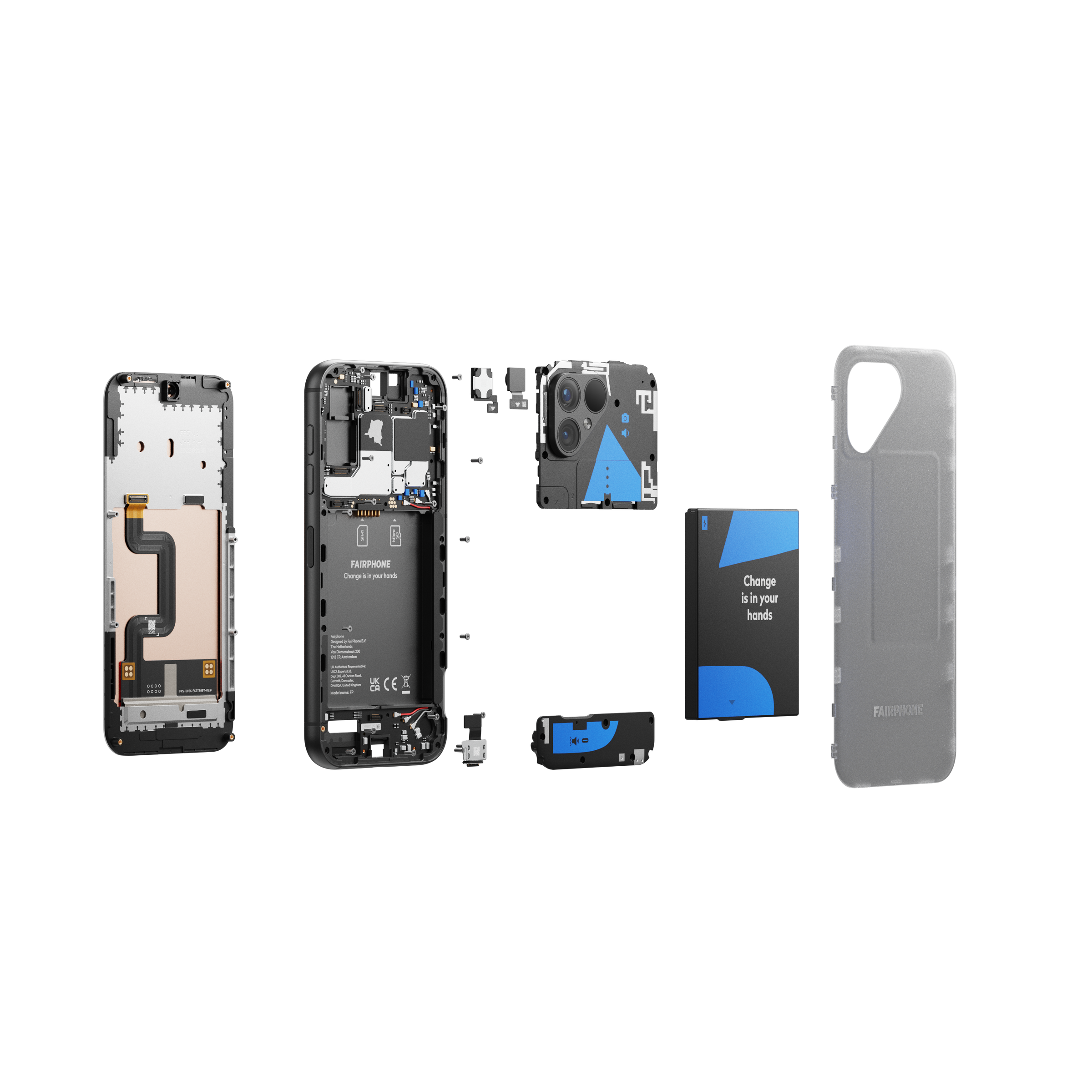 Zerlegte Telefonteile mit Fairphone-Logo auf schwarzem Hintergrund.