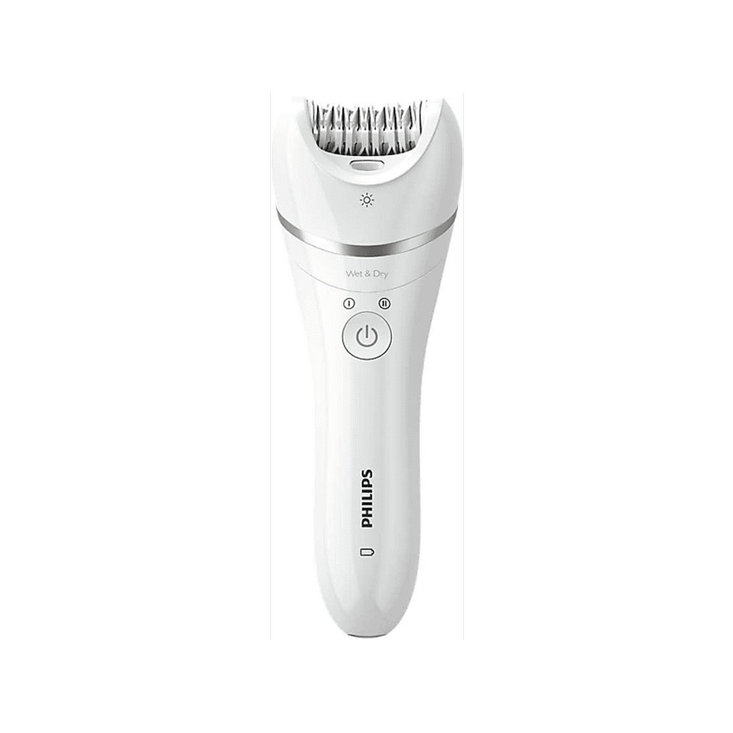 White Philips electric shaver with buttons and a light. The top has shaving elements.