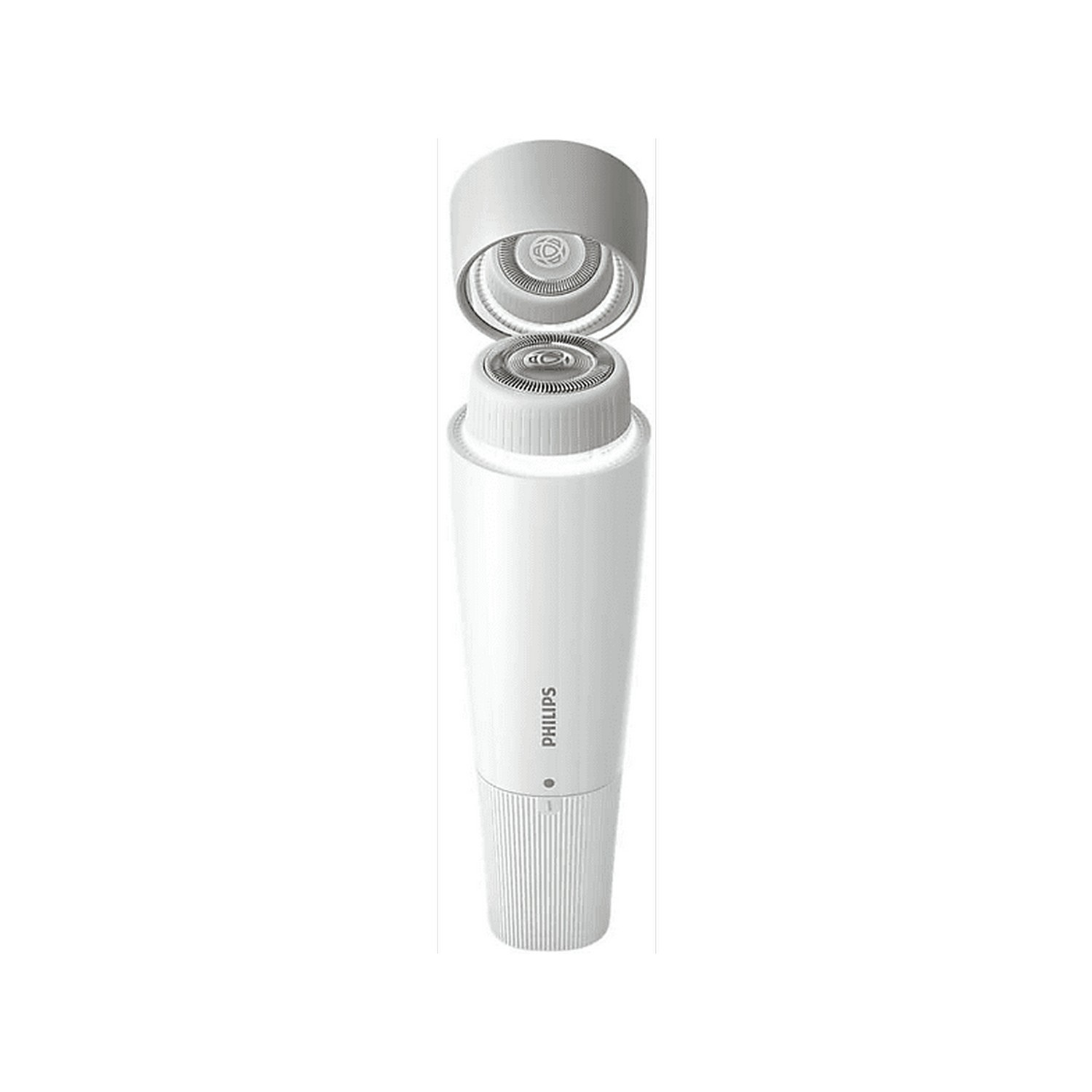 A white Philips epilator with the head open. It is tall and cylindrical.
