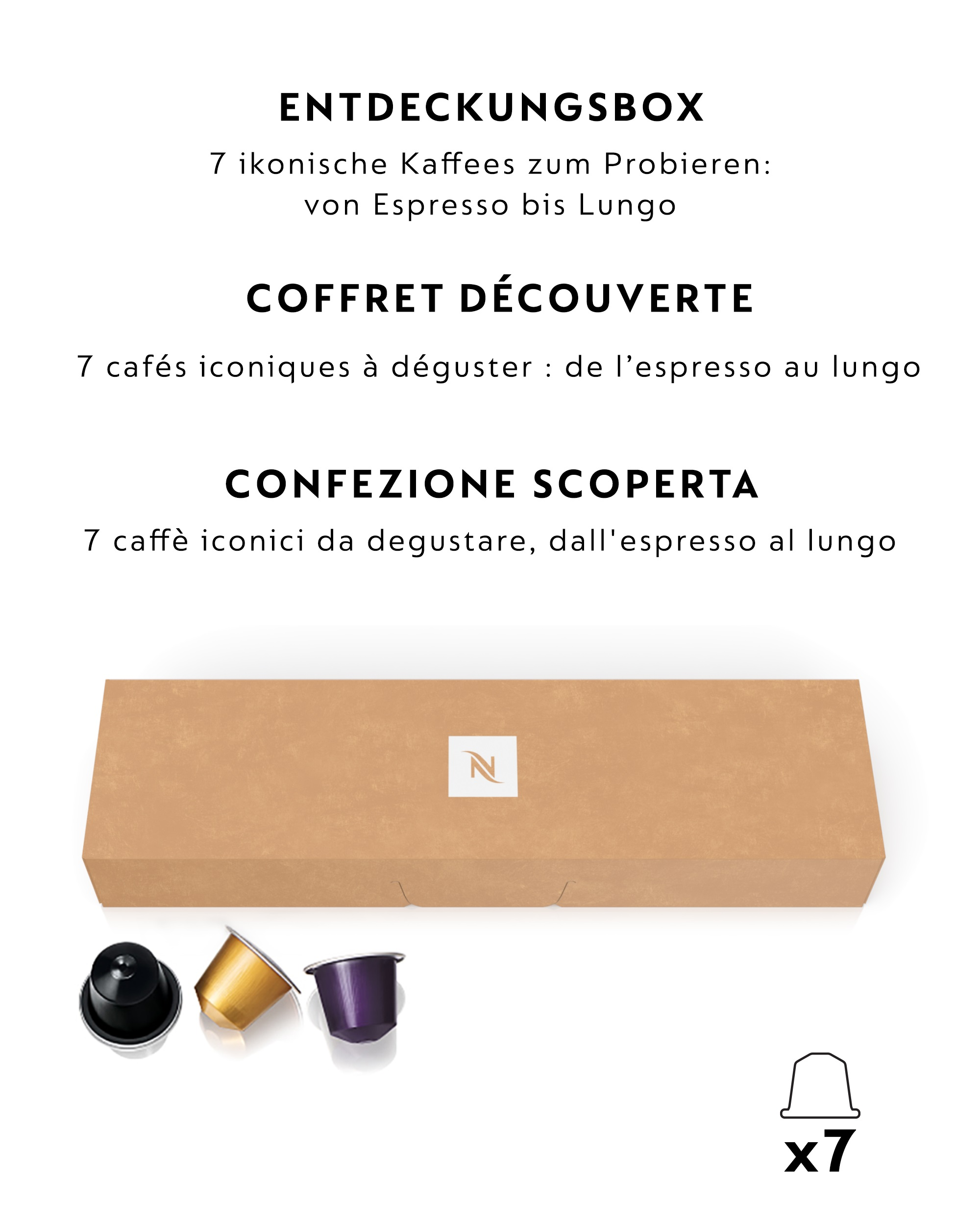 Braune Kaffeebox mit drei Kaffeepads davor und x7 Kapsel-Symbol. Text in drei Sprachen oben.