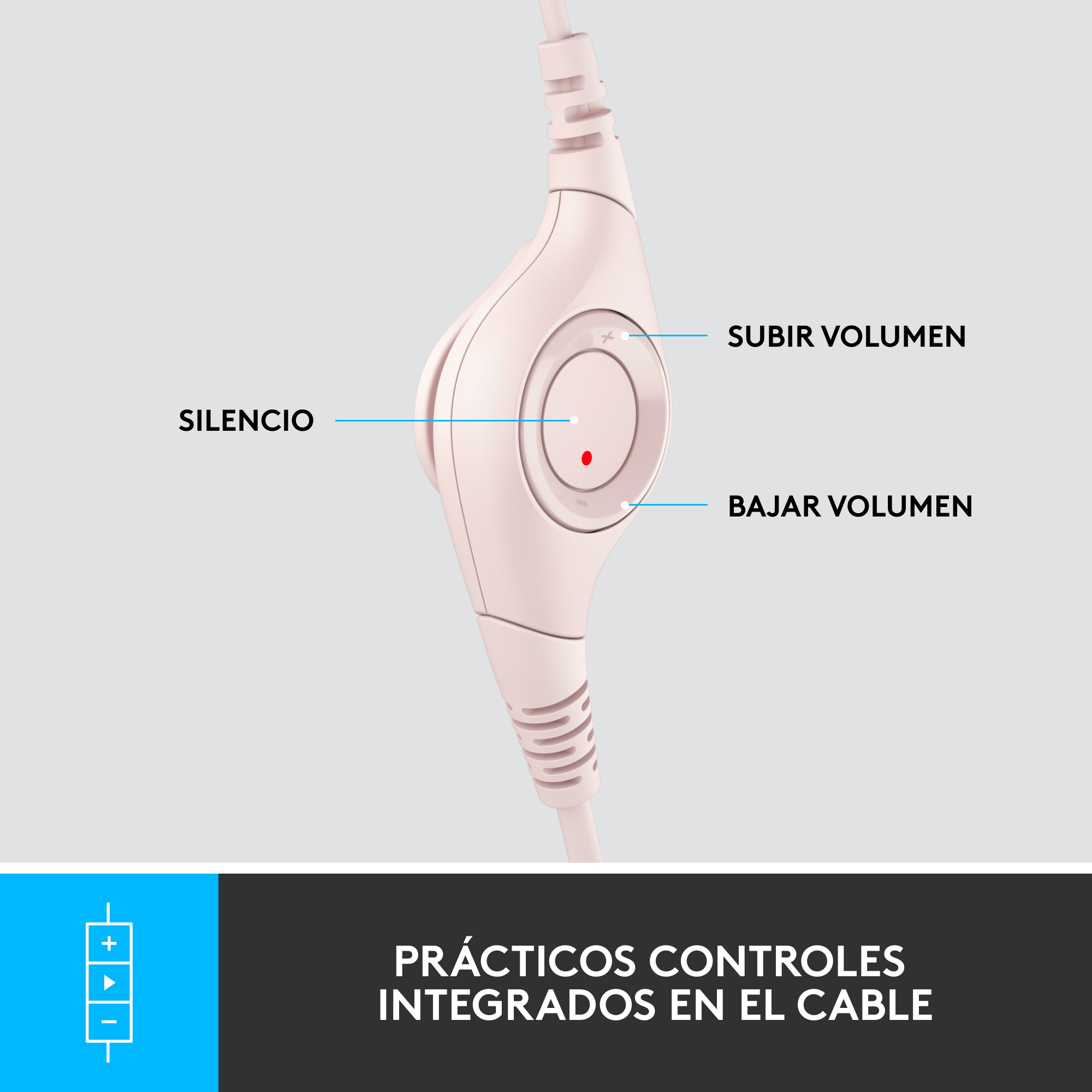 Primer plano de los controles en línea de un cable de auriculares con botones de subir, bajar volumen y silencio etiquetados.