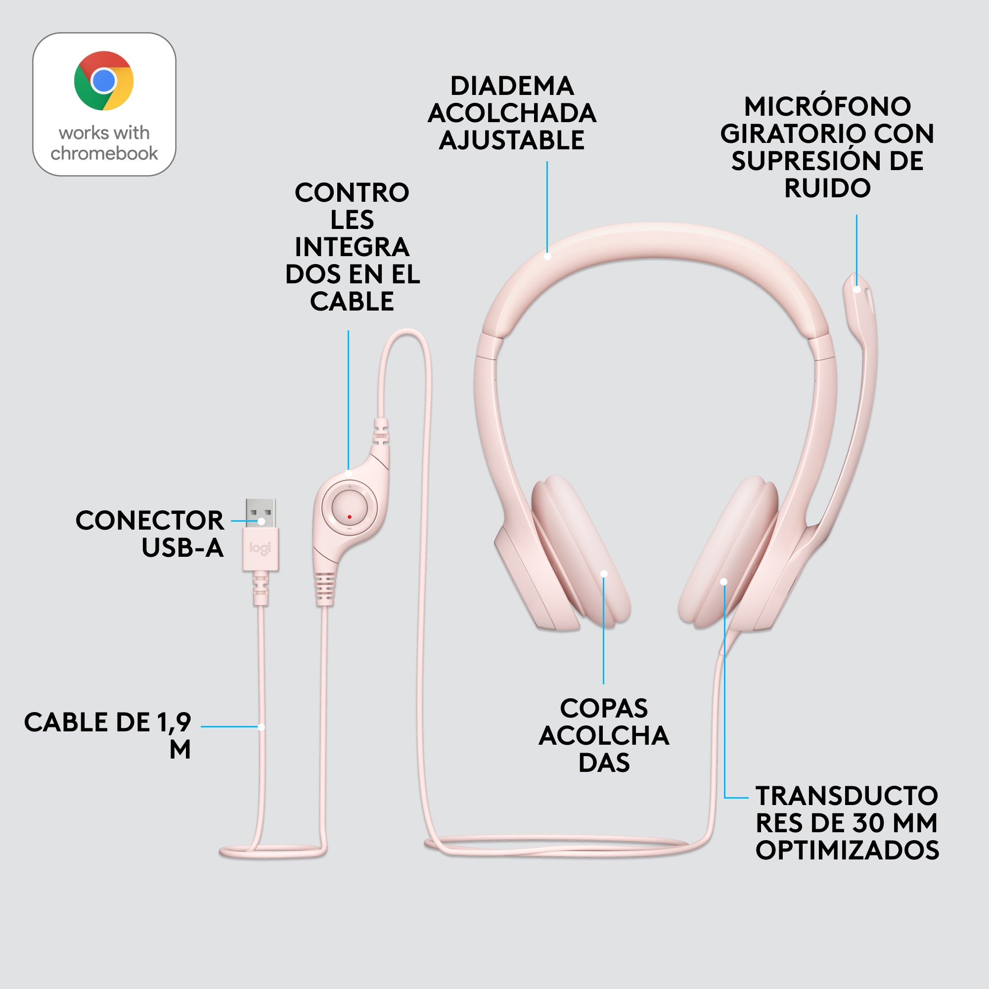 Auriculares rosas con diadema ajustable, micrófono, almohadillas acolchadas y USB-A.