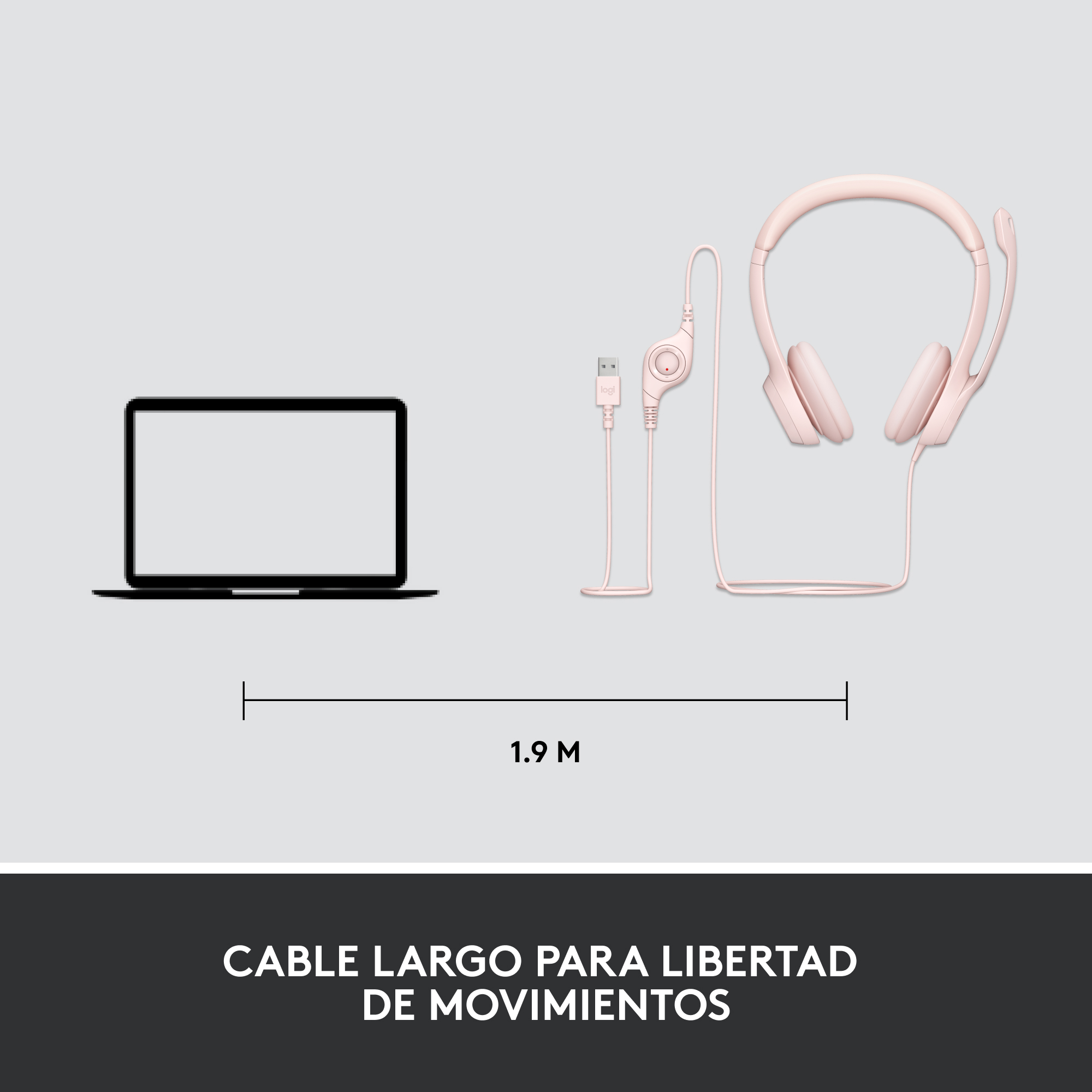 Auriculares rosas y un portátil, conectados por un cable largo, con etiqueta 1.9m.