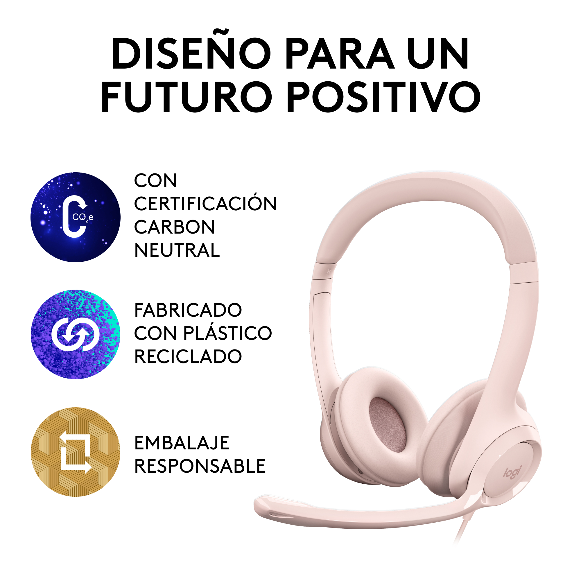 Auriculares Logitech rosas con micrófono y mensaje de diseño sostenible sobre fondo blanco.