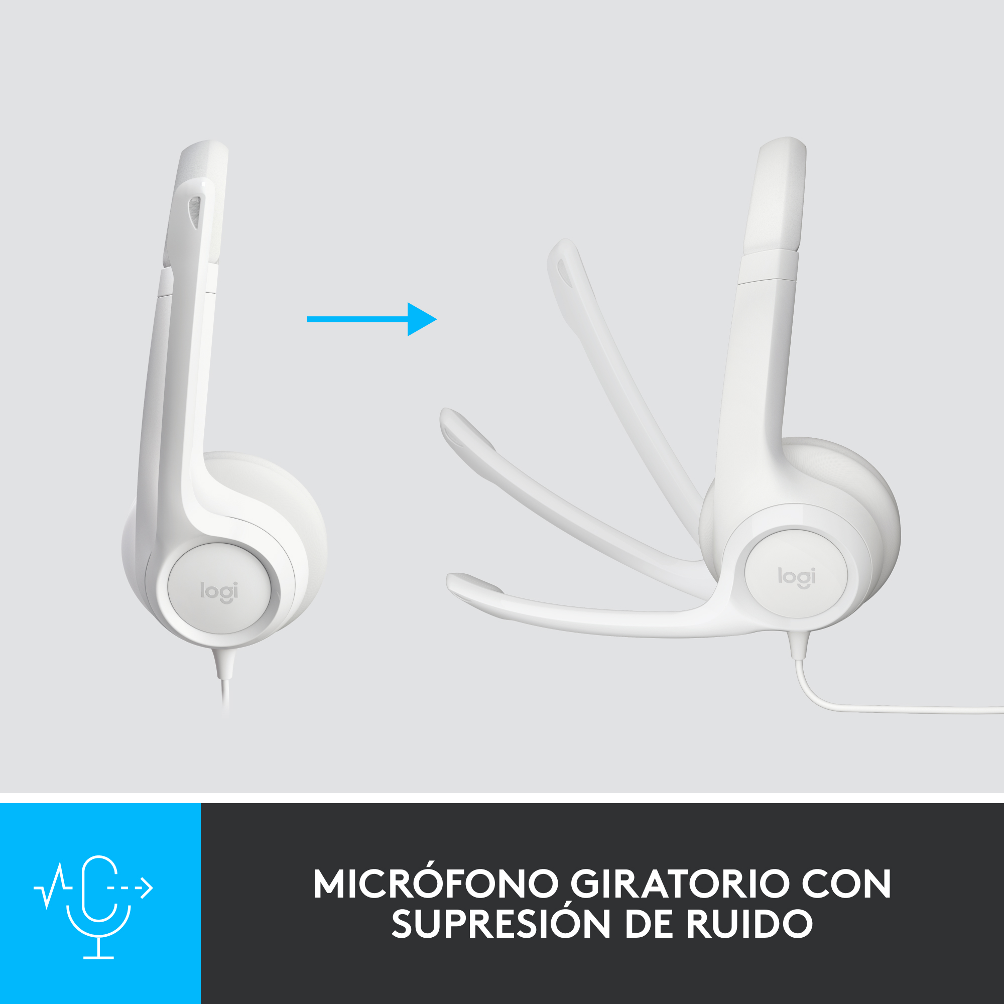 Auriculares blancos con micrófono, con rotación y cancelación de ruido.