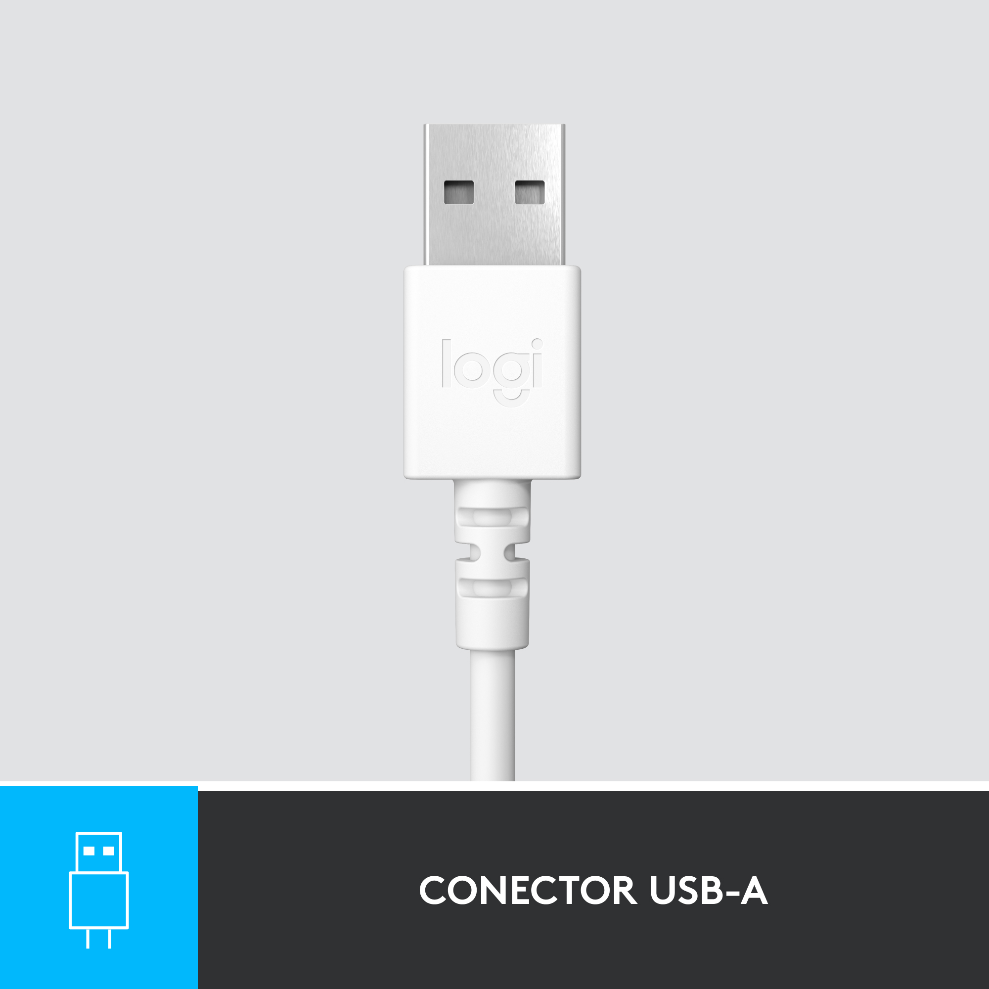Conector USB-A blanco con el logotipo de Logitech.