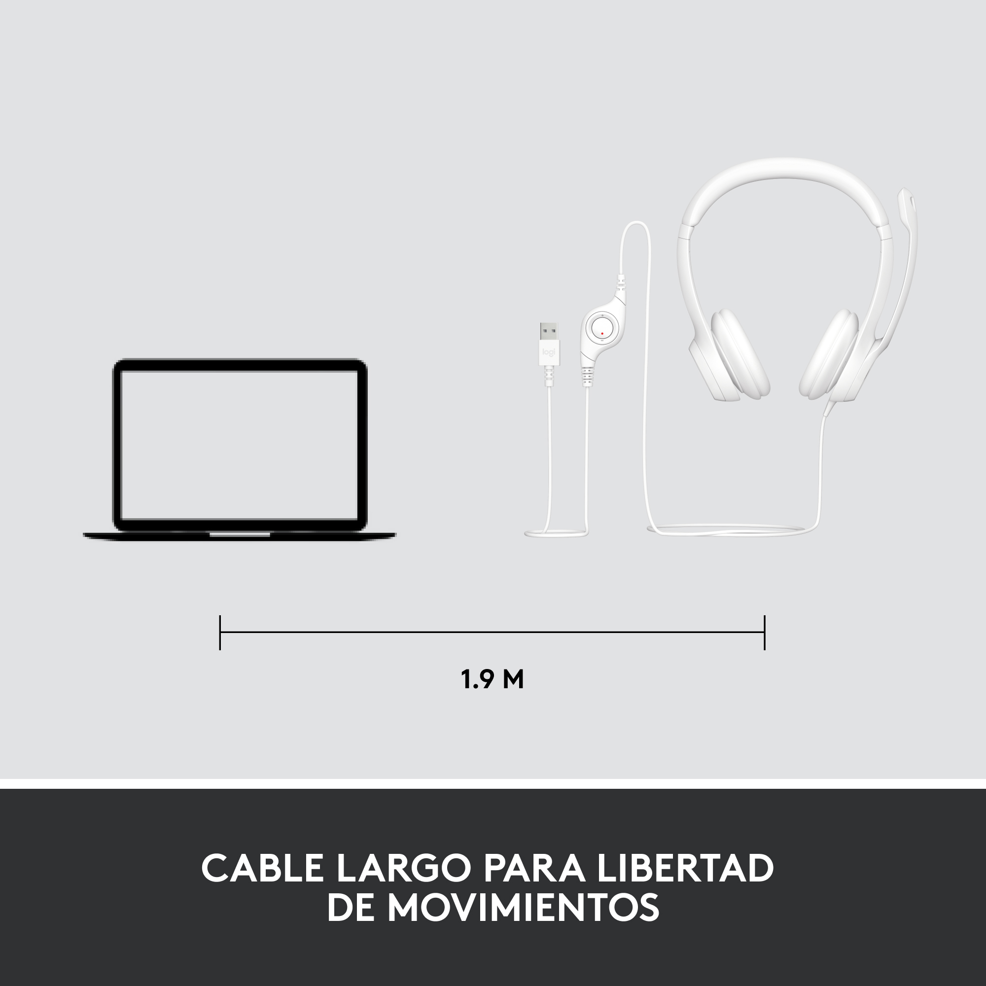 Un portátil, unos auriculares con micrófono y una línea de medición sobre un fondo gris.