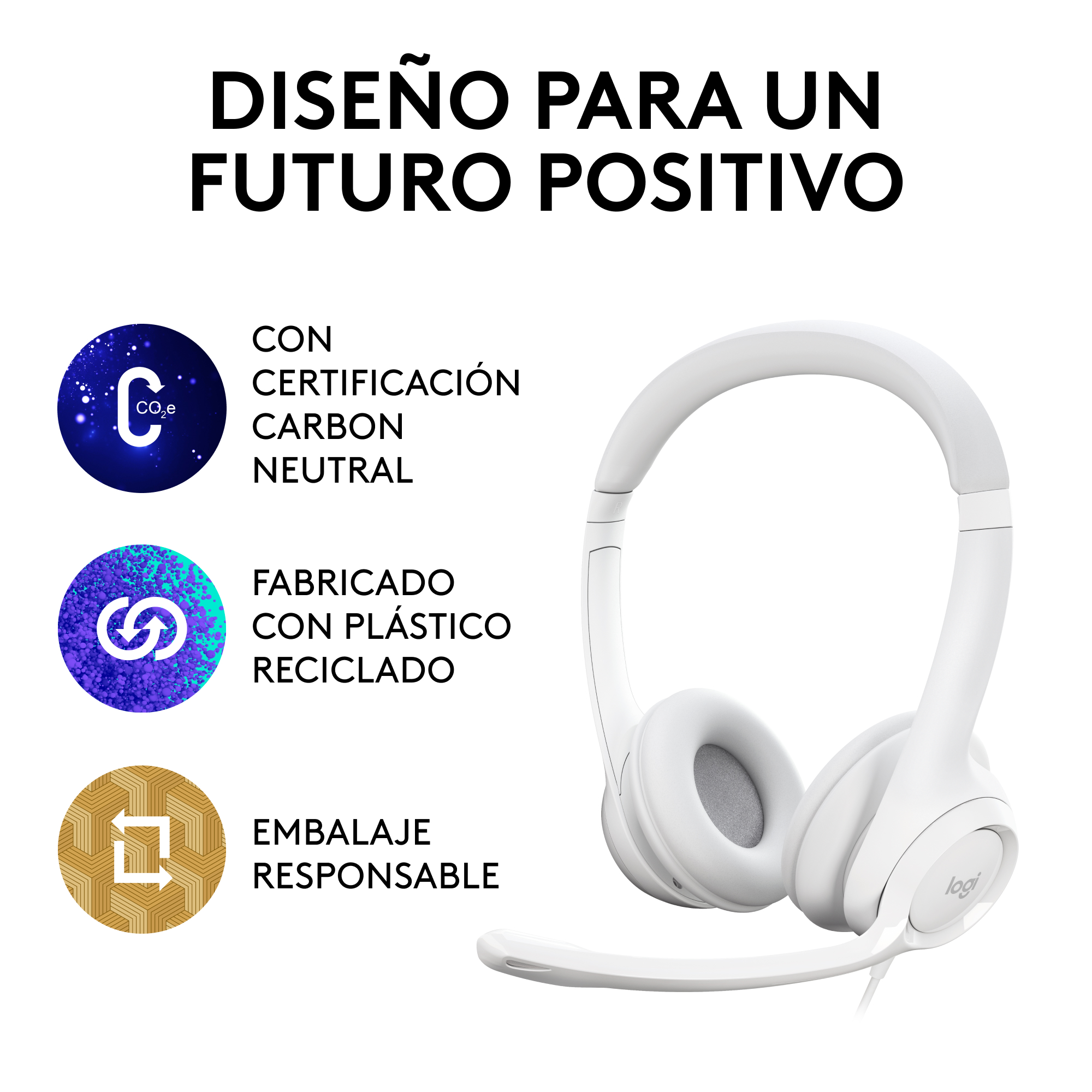 Auriculares blancos con micrófono. Texto: Carbono neutral, plástico reciclado, embalaje responsable.