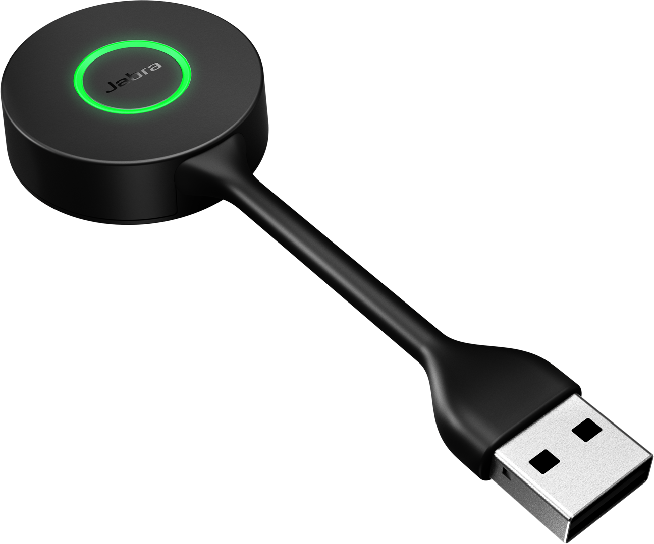 Schwarzes Jabra USB-Link-Gerät mit grünem Licht. USB-Anschluss am Ende.