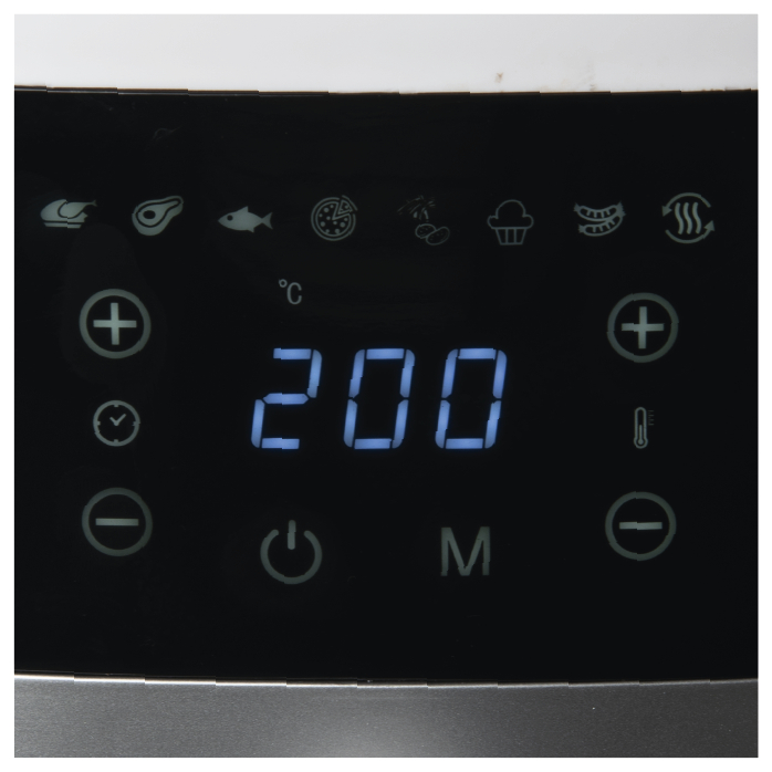 Nahaufnahme eines Airfryer-Bedienfelds mit digitaler Anzeige 200.