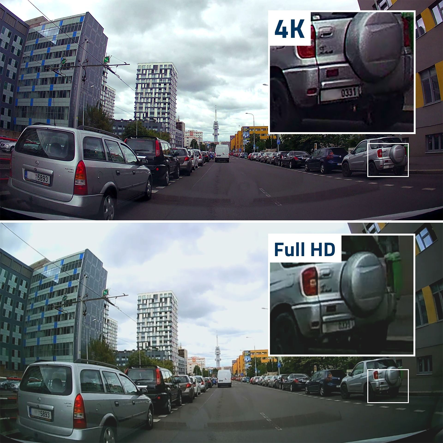 Képösszehasonlítás: autók az úton, a felső kép 4K, az alsó Full HD. Épület a háttérben.