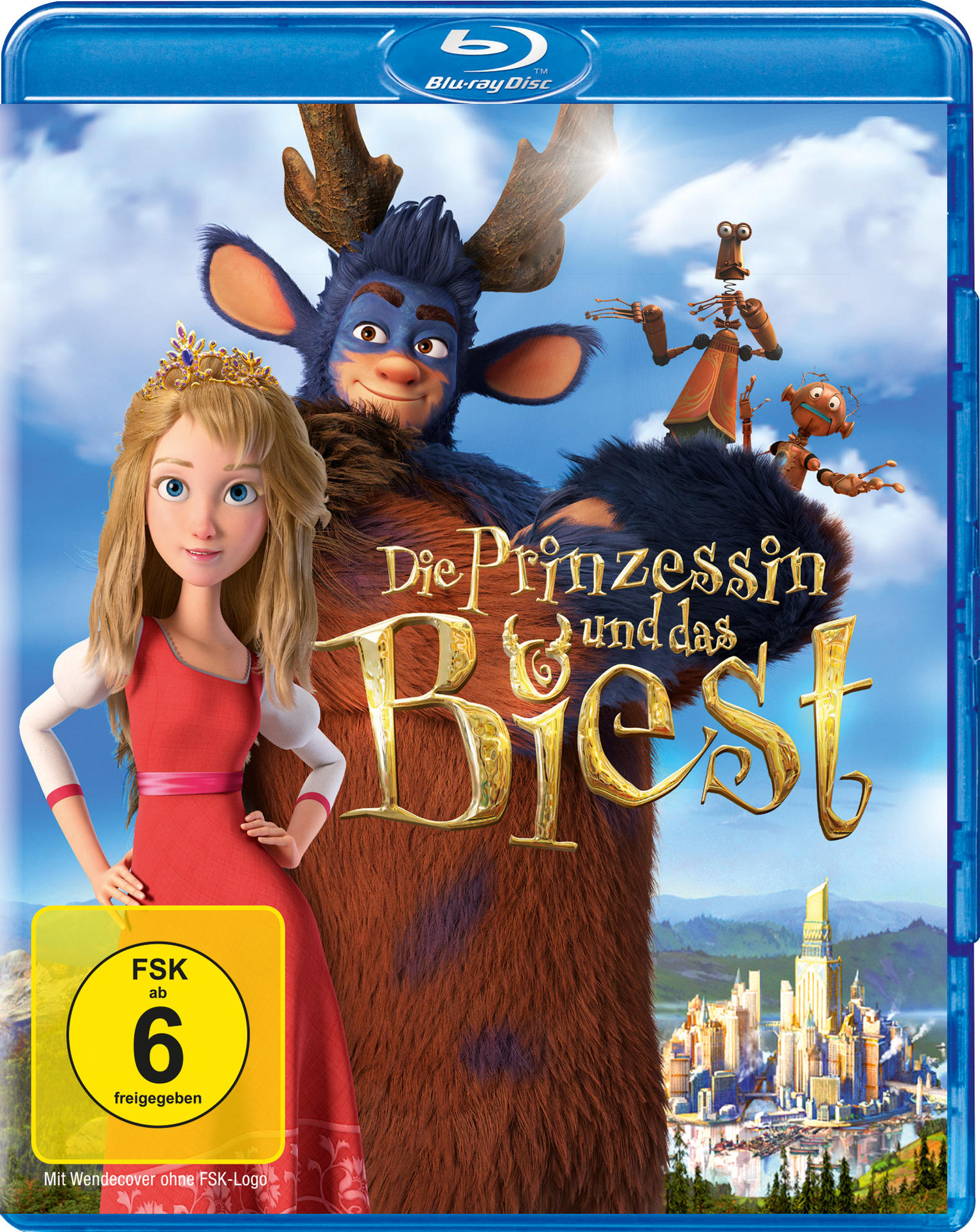Blu-ray-Cover für Prinzessin und Biest. Zeichentrickfiguren: eine Prinzessin, ein zotteliges Biest und andere.