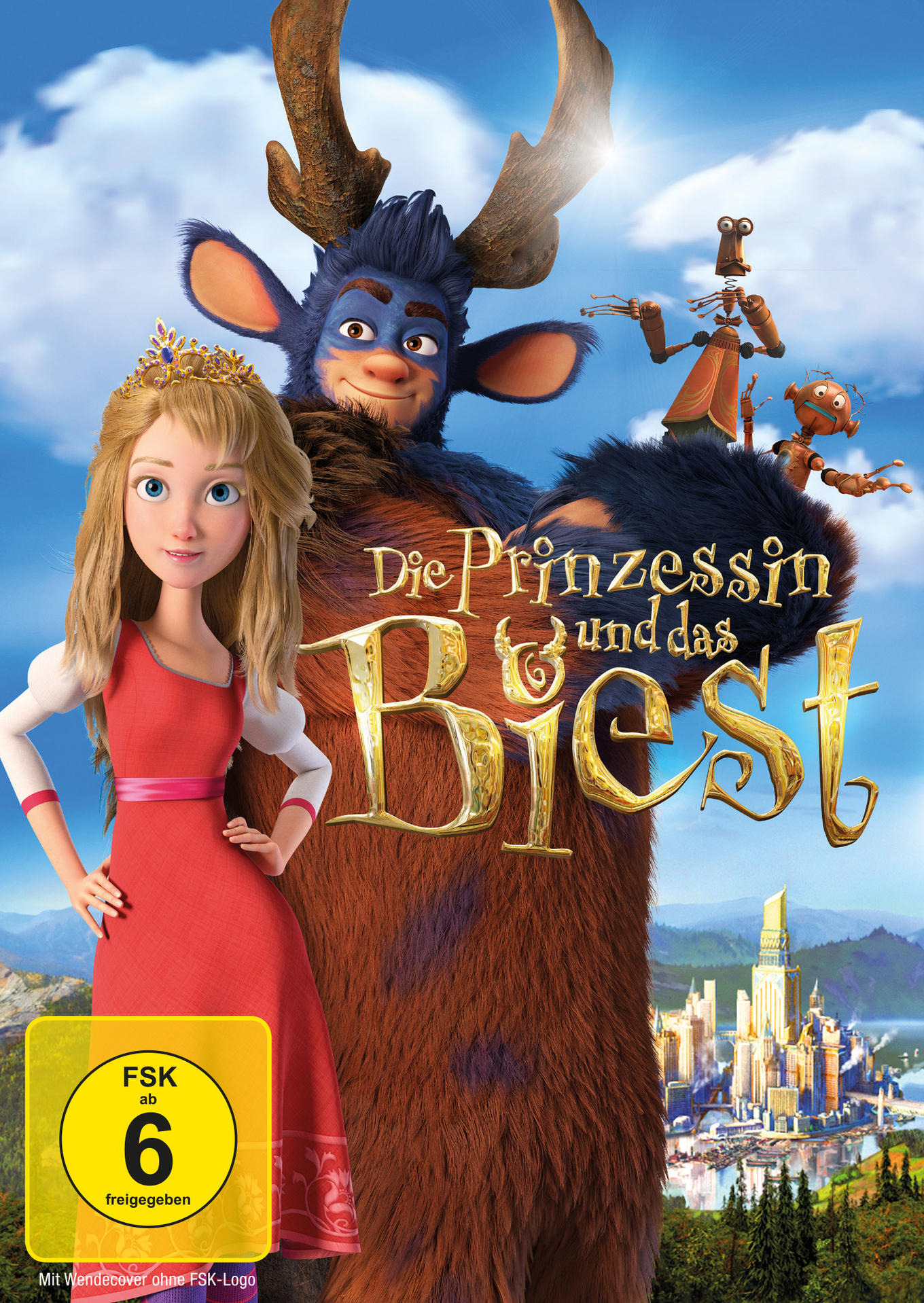 Filmcover: Cartoon-Prinzessin, Biest und Schloss. Deutscher Text 'Die Prinzessin und das Biest'.