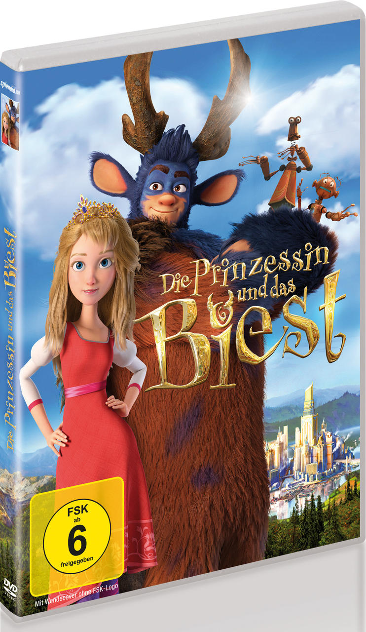 DVD-Hülle mit einem Cartoon-Bild einer Prinzessin und eines Biests, mit einer Burg im Hintergrund.