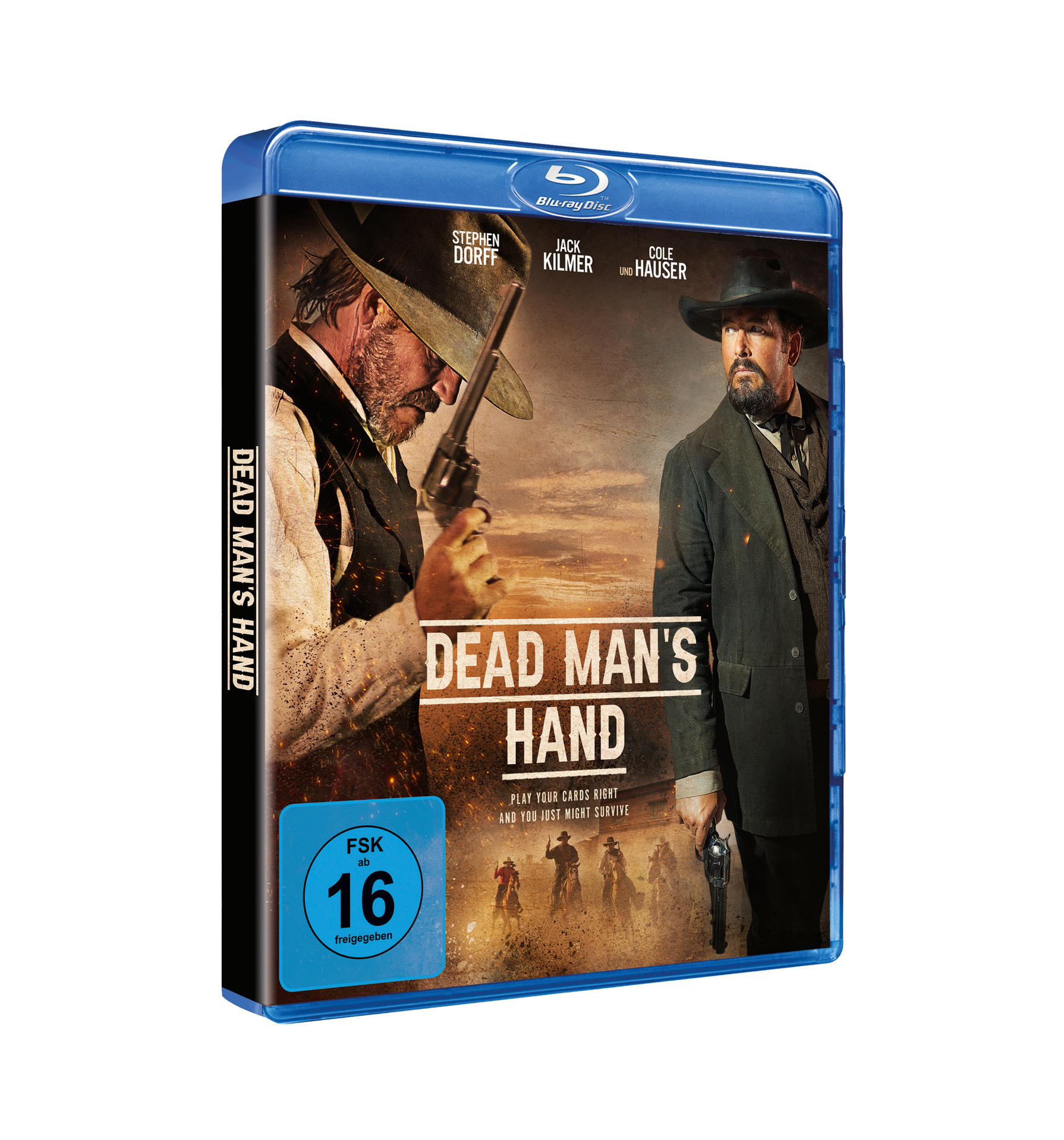 Blu-ray-Filmhülle. Das Cover zeigt zwei Männer mit Waffen. Text: 'DEAD MAN'S HAND'.