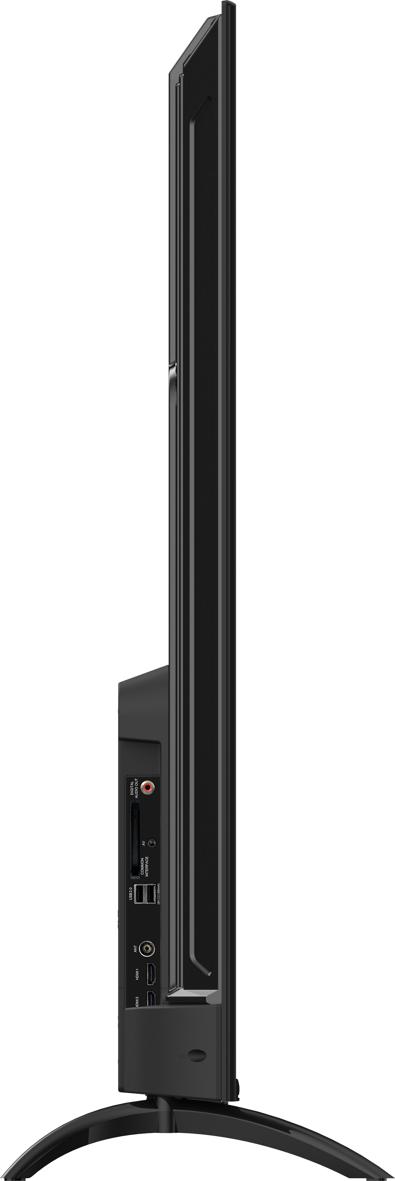 Seite eines schwarzen Fernsehers mit Anschlüssen: USB, HDMI, AV.