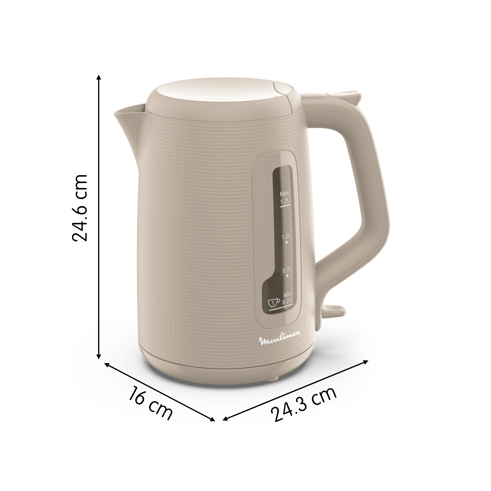 Una tetera beige con dimensiones en centímetros mostradas junto a ella.