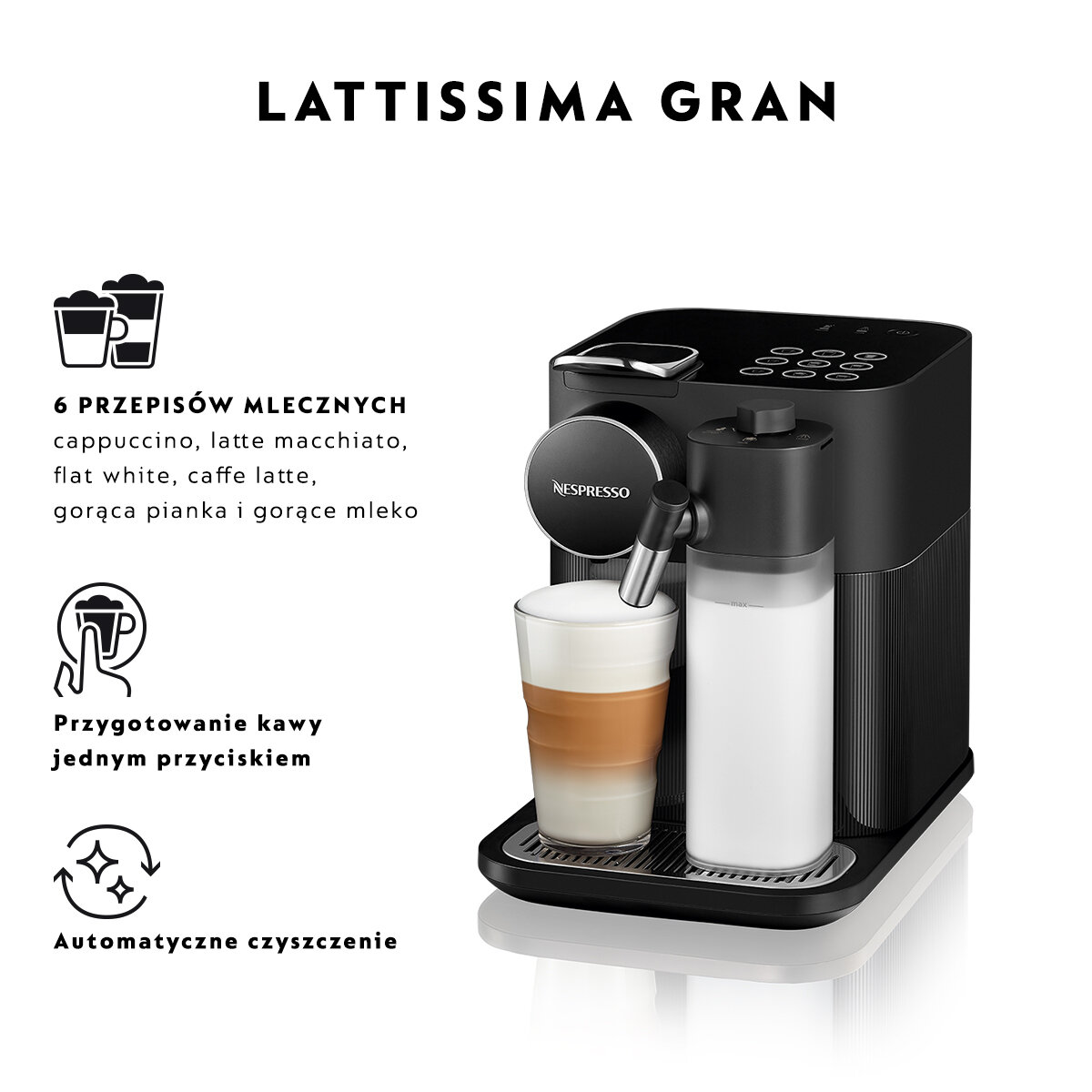 Czarny ekspres do kawy z pojemnikiem na mleko, szklanką kawy i etykietami tekstowymi.