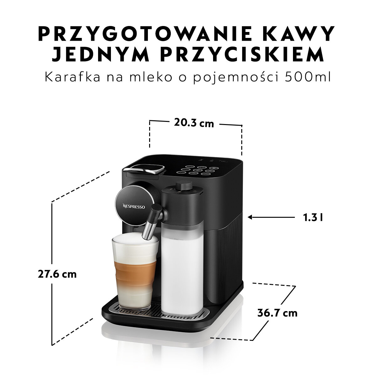 Czarny ekspres do kawy Nespresso ze szklanką latte. Wymiary są wyświetlane.