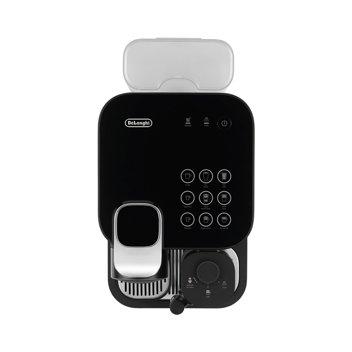 Czarny ekspres do kawy Delonghi, widok z góry, z przyciskami i spieniaczem do mleka.