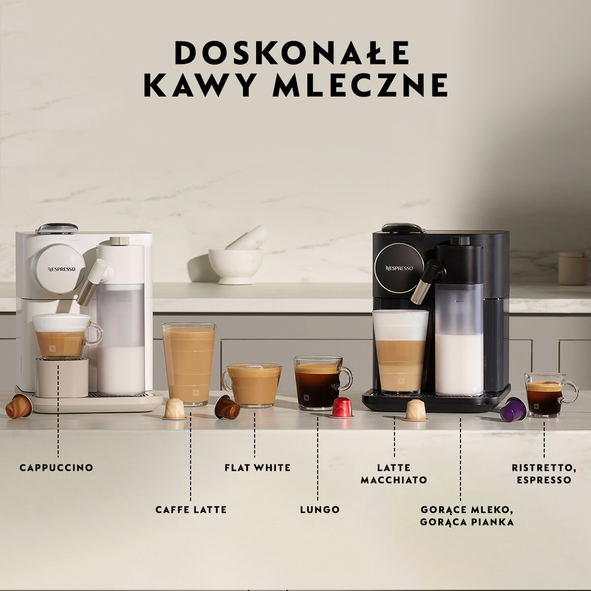 Ekspresy do kawy z różnymi rodzajami kawy: cappuccino, latte macchiato itp.