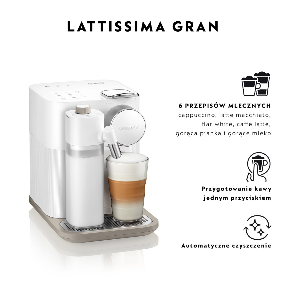 Biały ekspres do kawy Nespresso Lattissima Gran ze spieniaczem do mleka, latte w szklance.