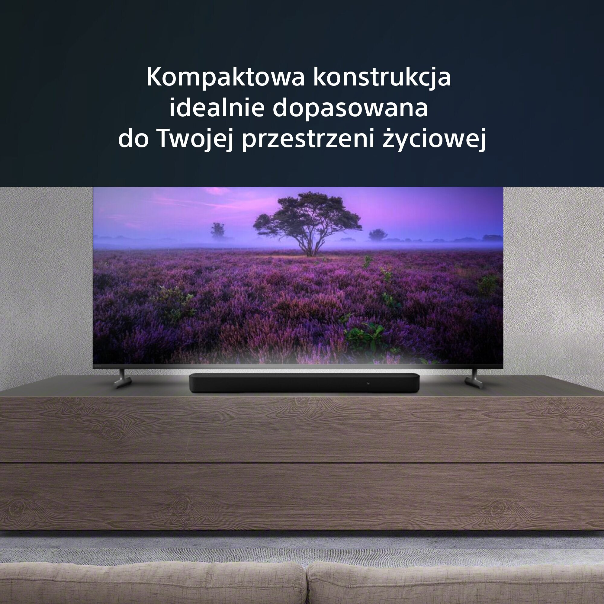 Salon z telewizorem, soundbarem i szarą kanapą. Telewizor wyświetla obraz krajobrazu.
