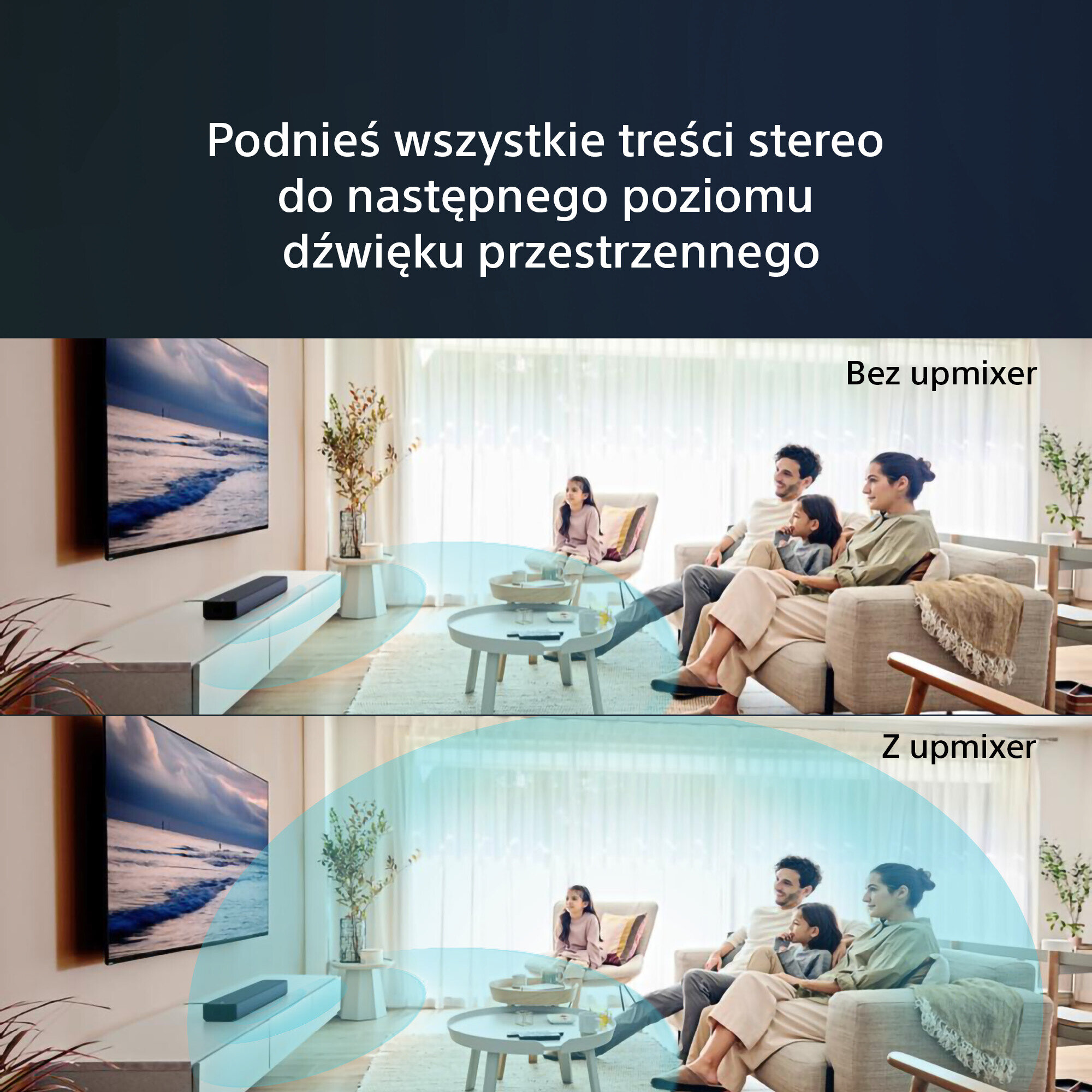 Rodzina w salonie ogląda telewizję. Tekst powyżej brzmi 'Podnieś wszystkie treści stereo'...