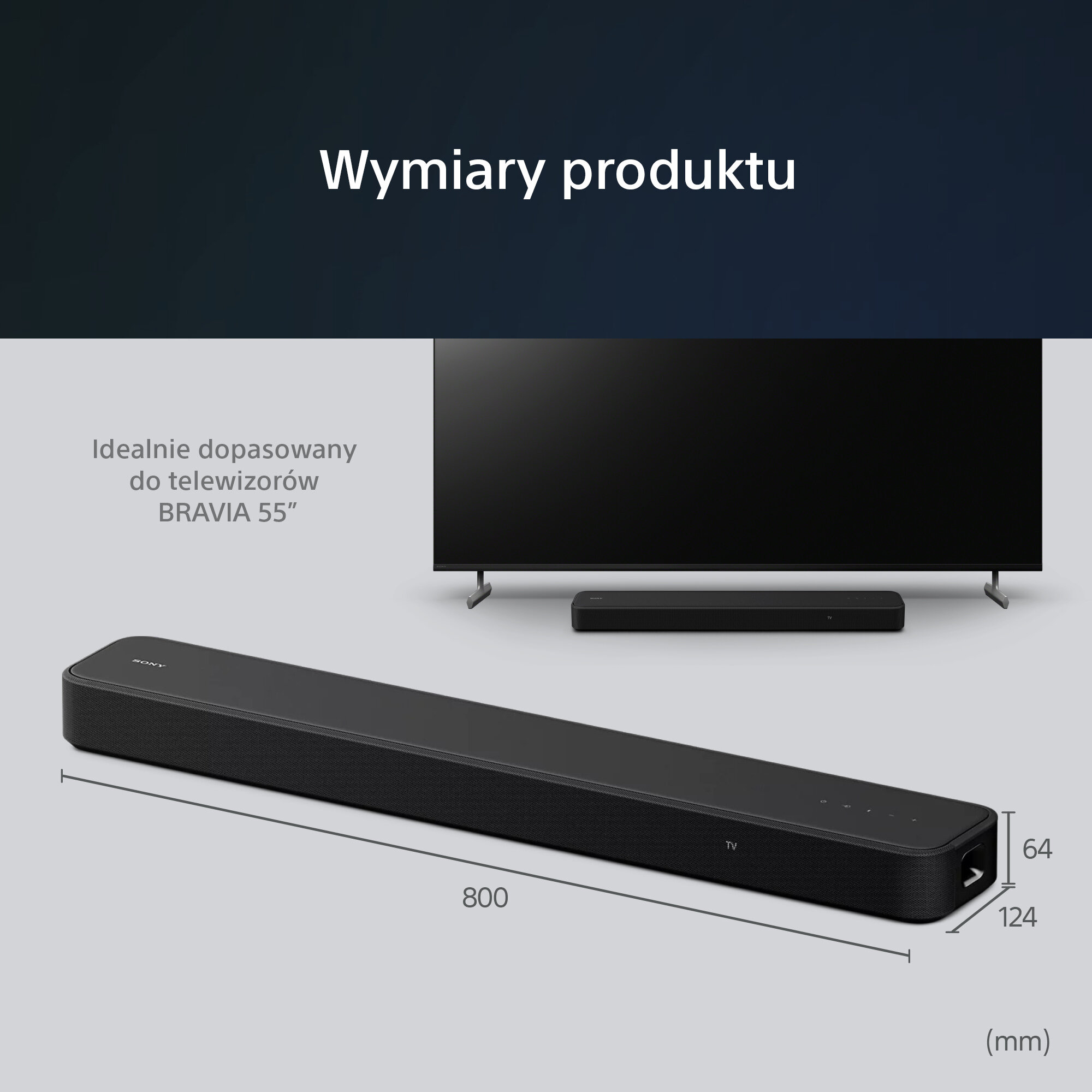 Czarny soundbar z czarnym telewizorem w tle, z wymiarami podanymi w mm.