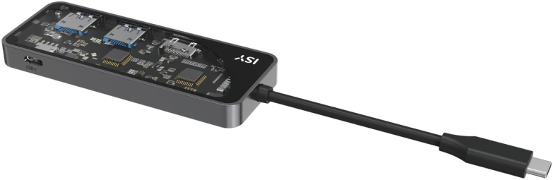 Ein schwarzer und grauer USB-C-Hub mit mehreren Anschlüssen auf schwarzem Hintergrund.