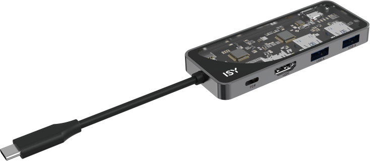 Ein silberner USB-Hub mit mehreren Anschlüssen und einem schwarzen Kabel.