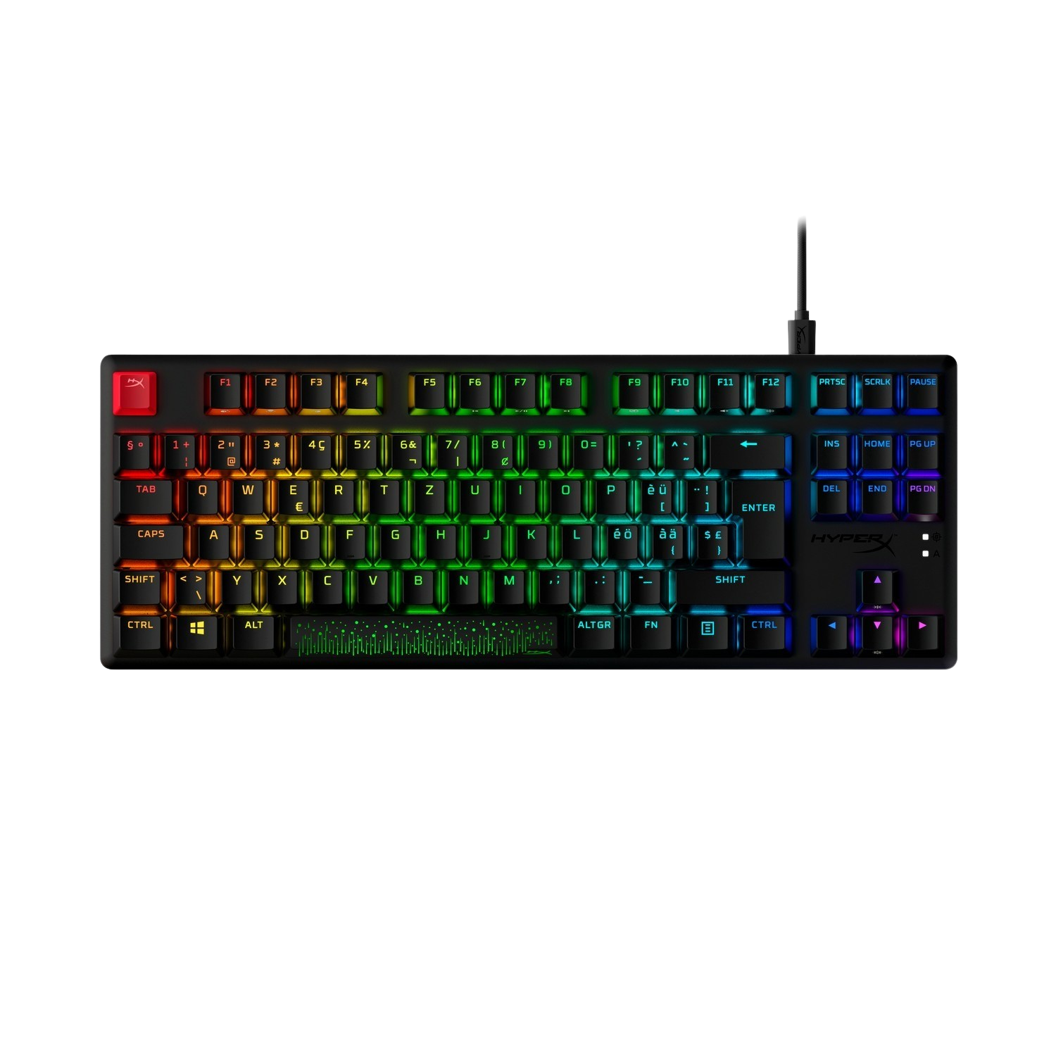 Clavier de jeu noir avec touches arc-en-ciel, connecté à un fil.