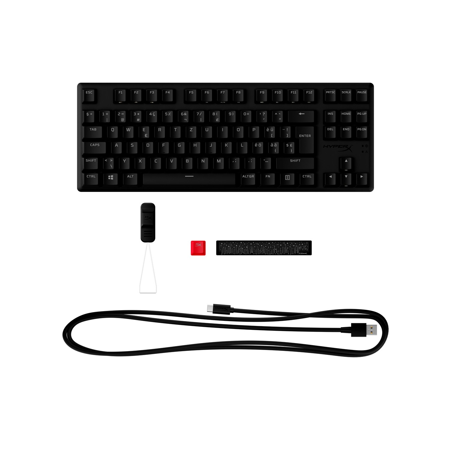 Clavier noir avec touches, un extracteur de touches, une touche rouge et un câble USB sur fond blanc.