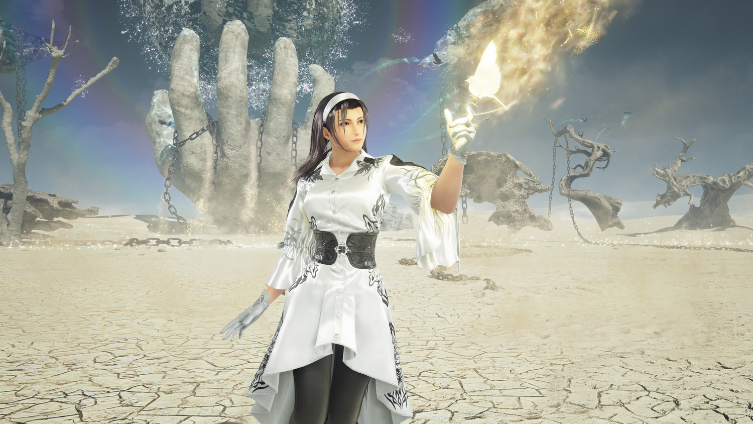 Mujer en blanco sostiene orbe brillante. Fondo: mano gigante y paisaje desolado.