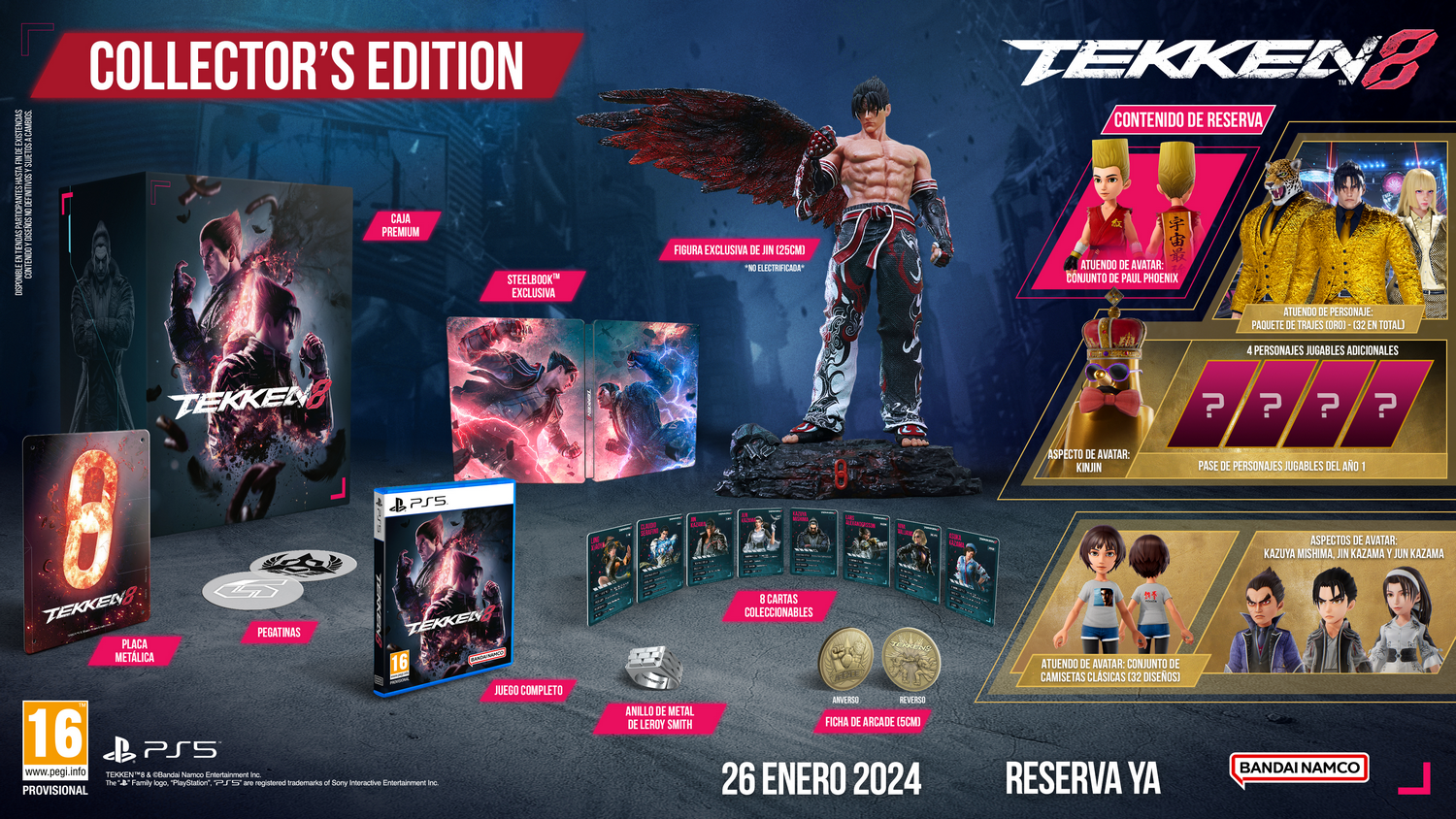 Caja y contenido de la edición coleccionista de Tekken 8 con personajes y objetos del juego.