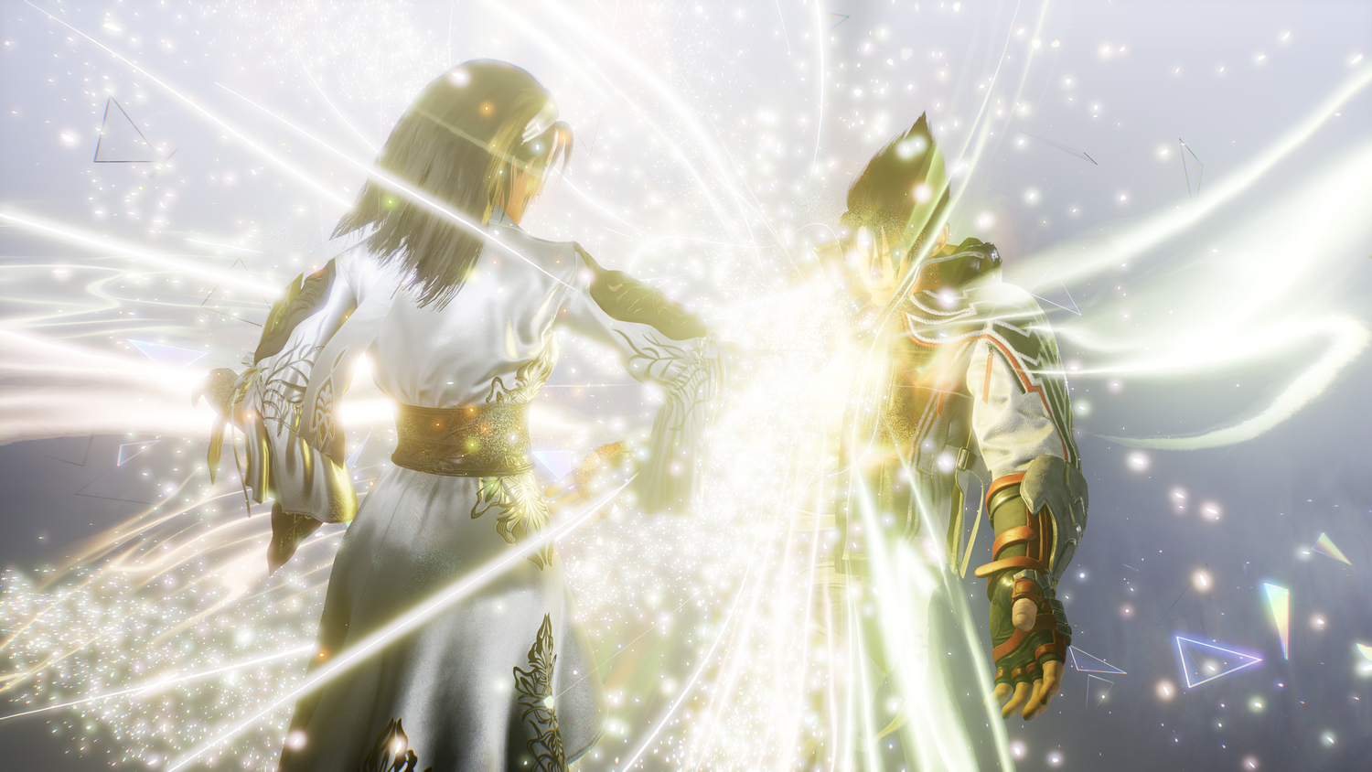Dos personajes luchando con haces de luz en una escena de juego animada.
