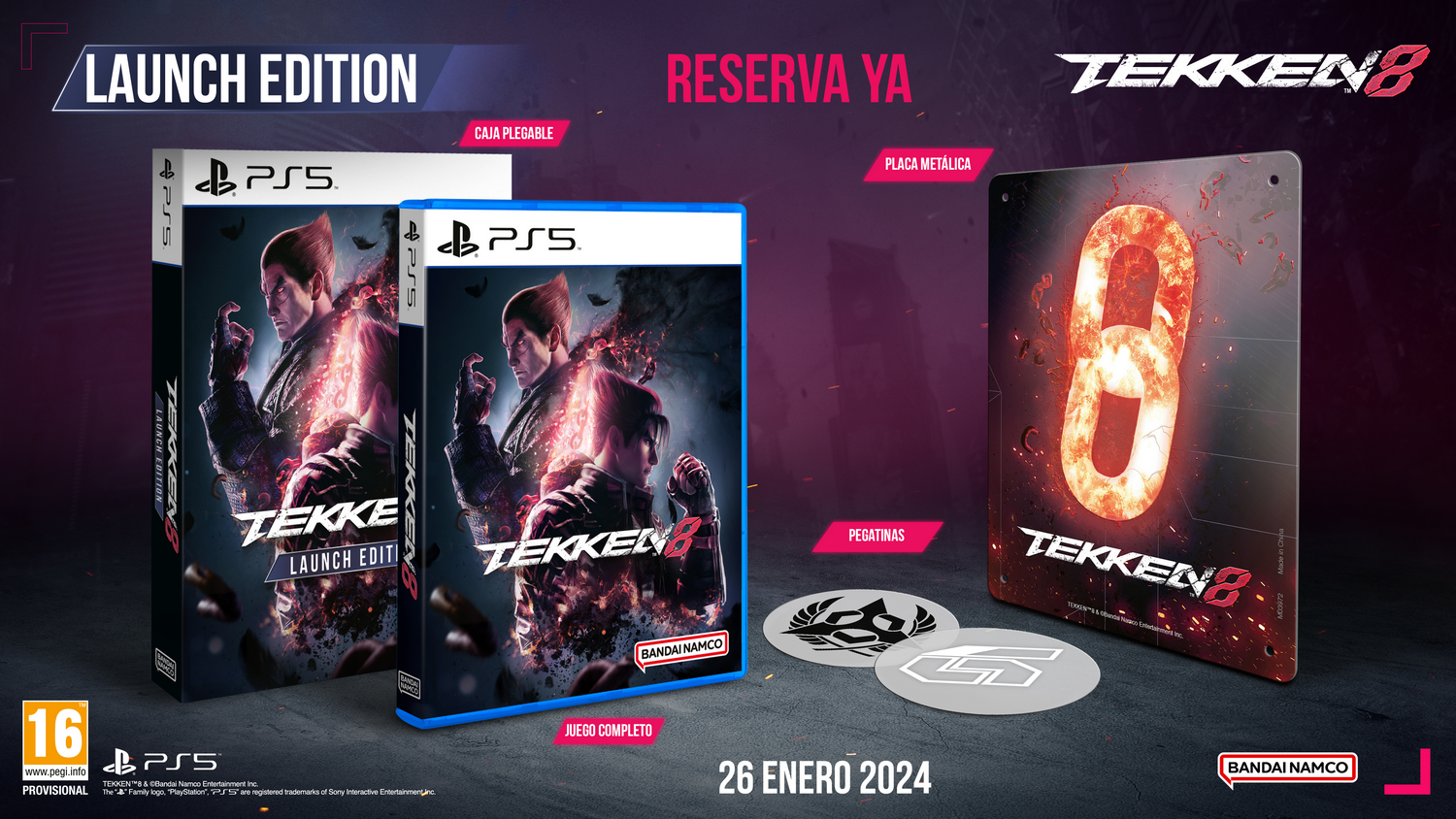 Caja del juego Tekken 8 con la marca Launch Edition y placa de acero con el logotipo del juego.