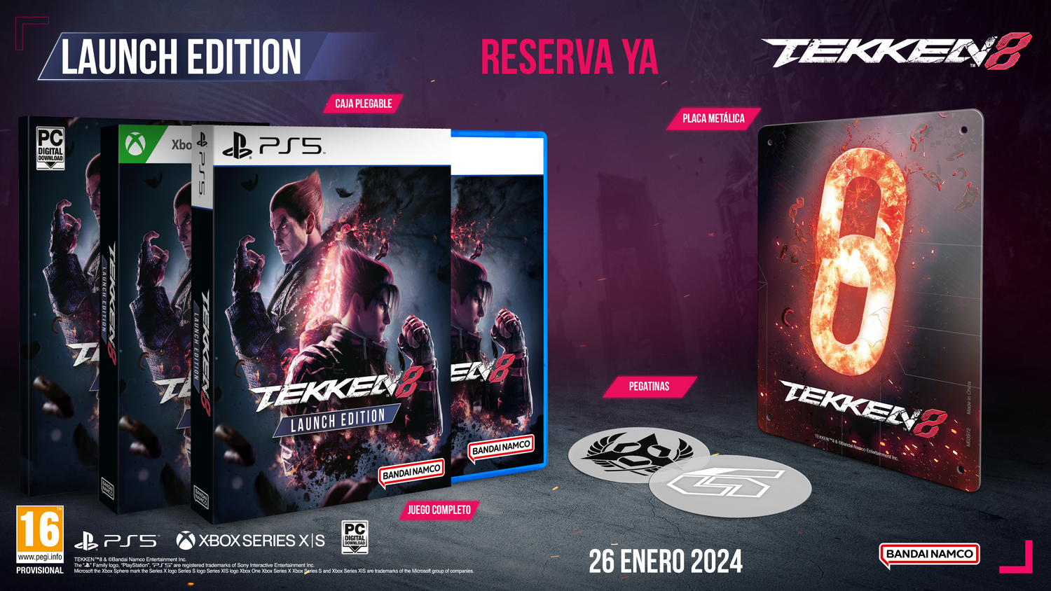 Imagen promocional de Tekken 8 Launch Edition, con cajas de juego, pegatinas y una placa metálica.