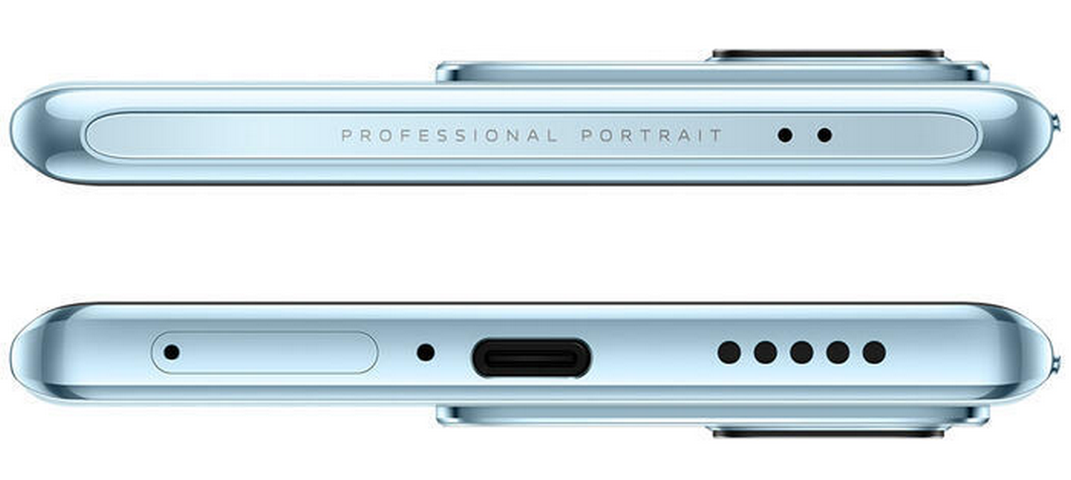 Primer plano del lateral de un teléfono. Tiene una cámara, texto y puertos. El color es azul claro.