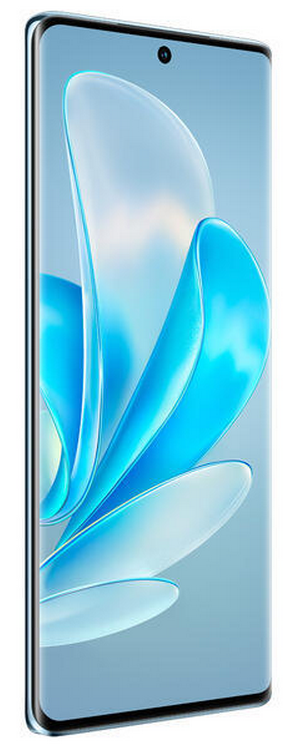Un smartphone con un diseño azul y blanco en la pantalla. El teléfono es azul claro.