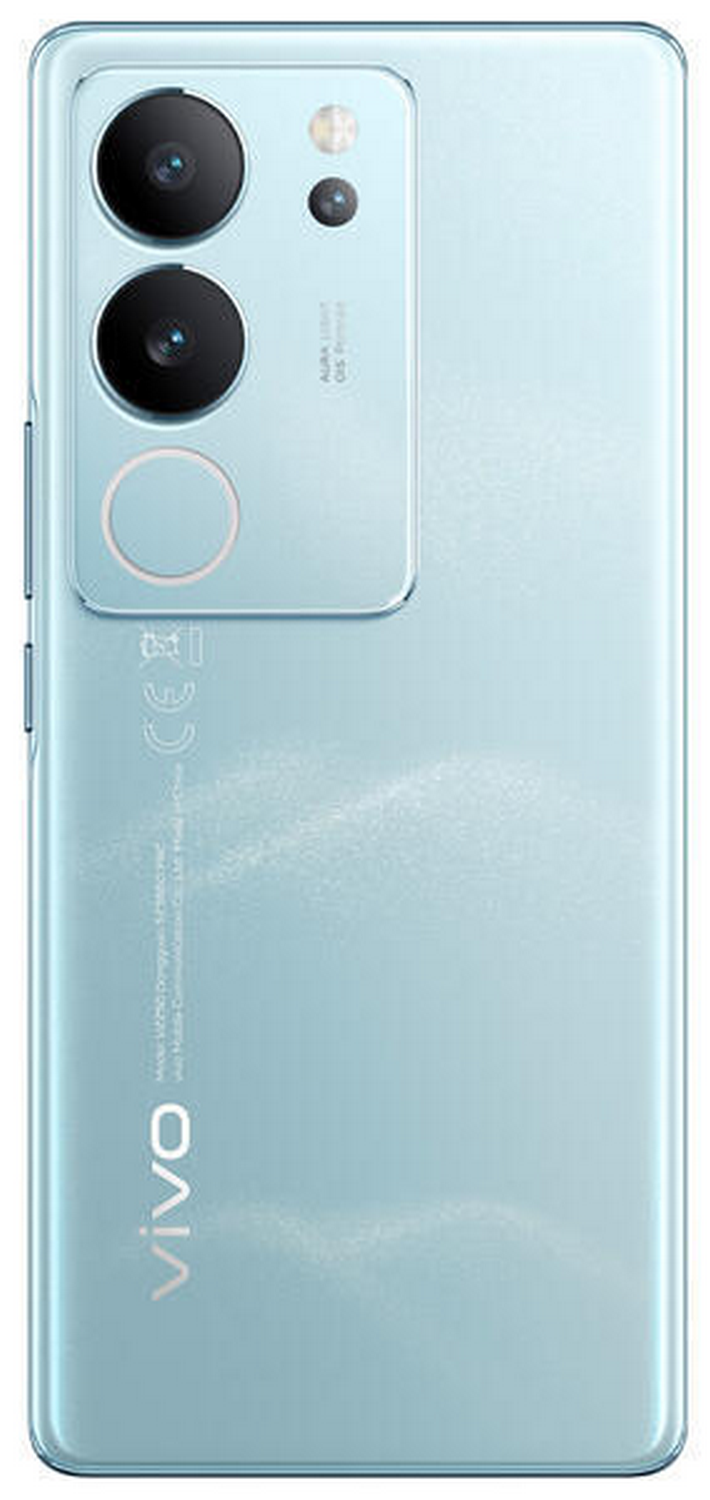 Smartphone azul claro con un módulo de cámara en la parte trasera superior. Tiene múltiples lentes y flash.