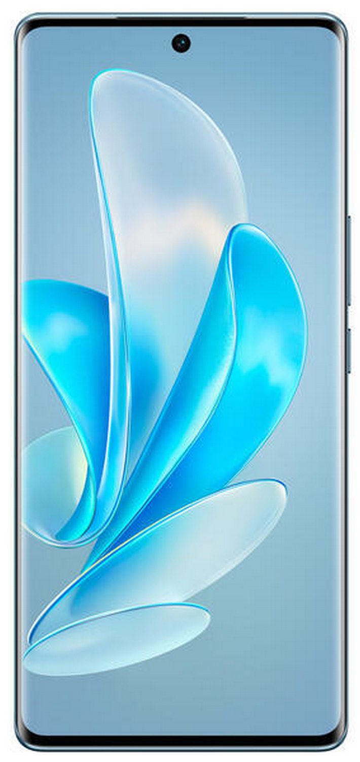Smartphone con un diseño abstracto azul y blanco en la pantalla.
