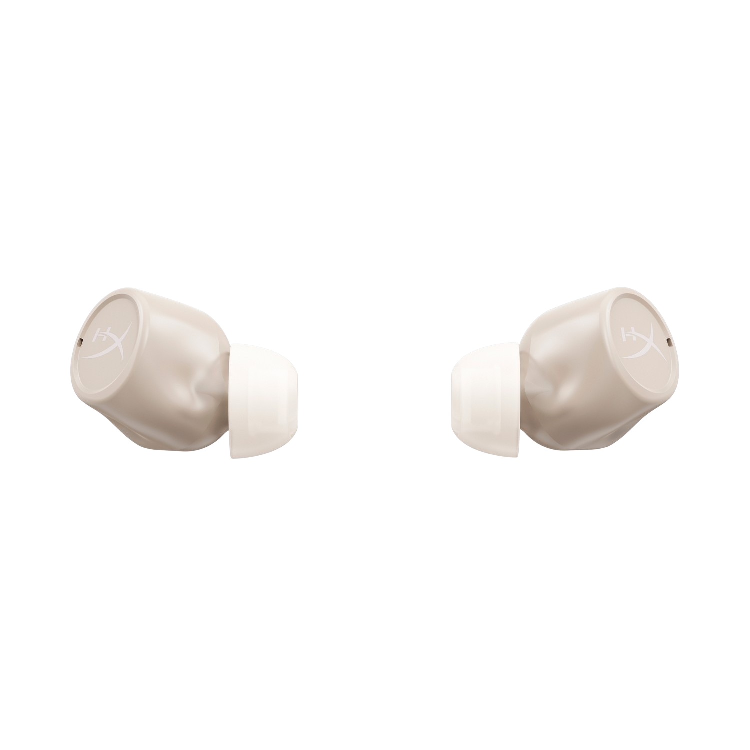 Deux écouteurs sans fil HyperX beiges sur fond noir. Embouts blancs et logo visibles.