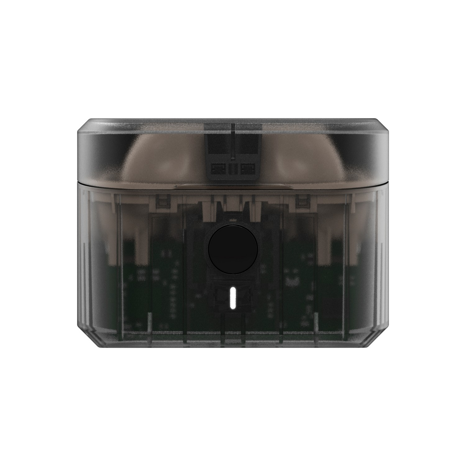 Une boîte sombre et transparente avec un bouton noir et des circuits internes, probablement un composant.